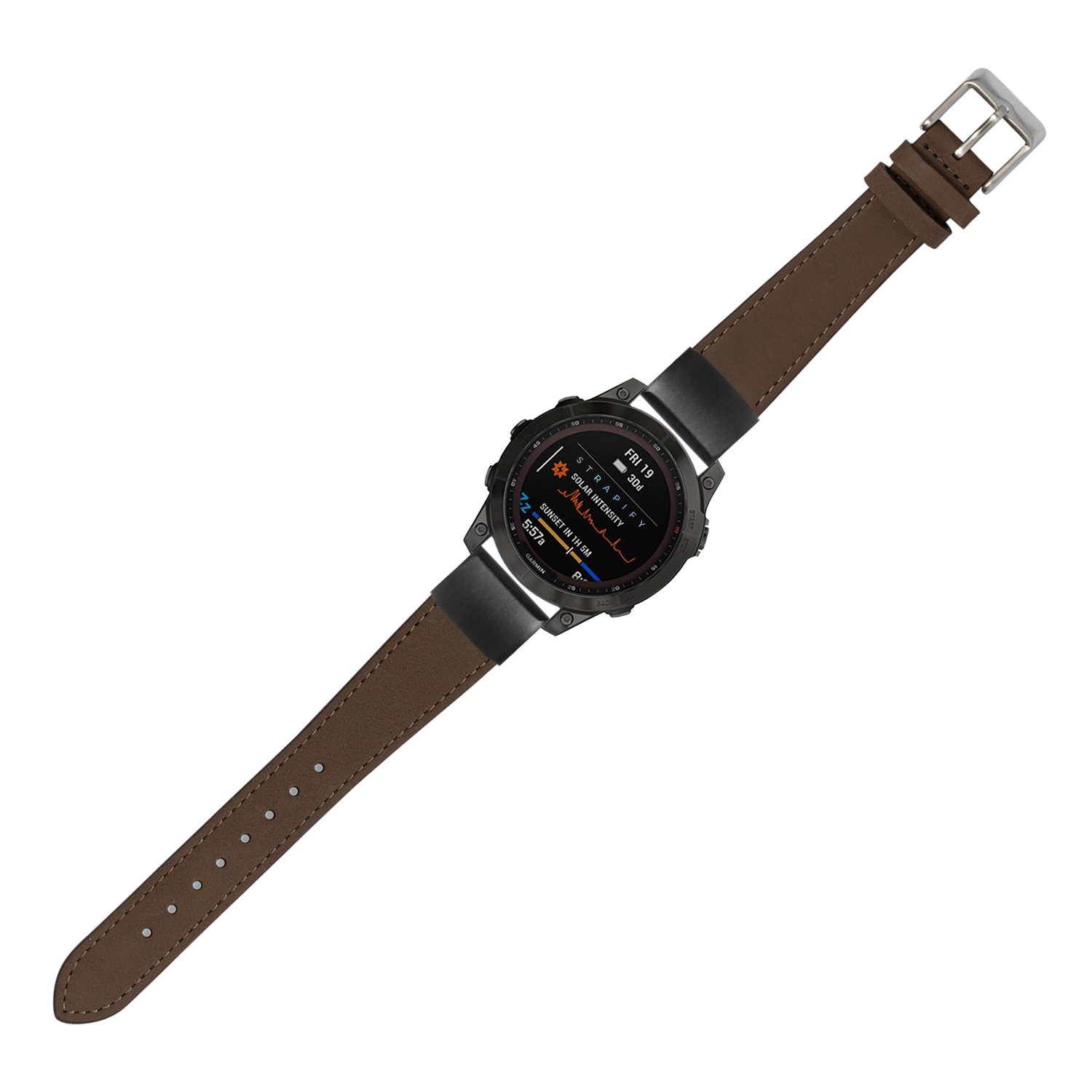 Black digital smartwatch with brown nubuck leather QuickFit band and silver buckle, displaying fitness metrics on AMOLED screen
