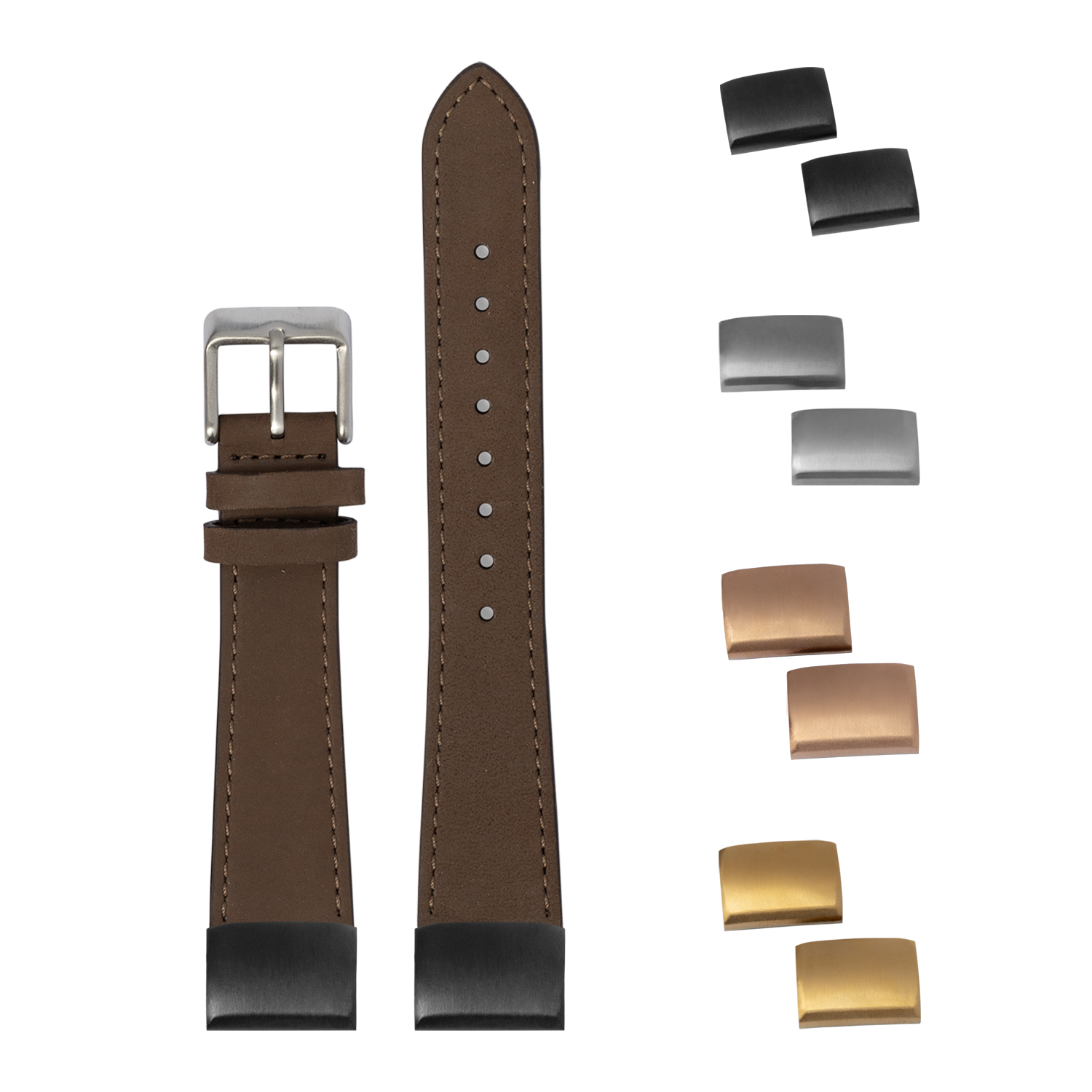 Brown leather watch strap 20mm with quick-fit system, silver buckle, and interchangeable metal clasp hardware