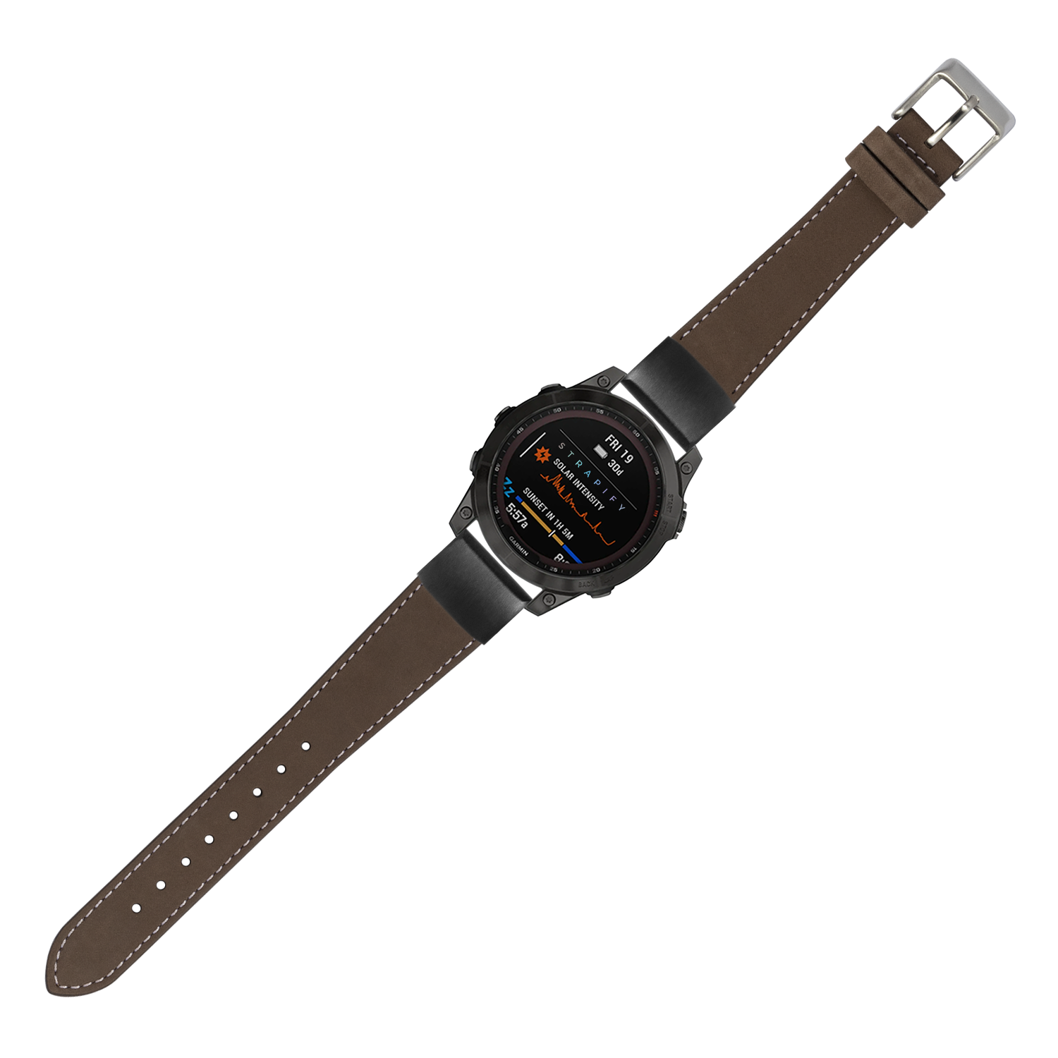 QuickFit nubuck leather watch strap in coffee brown with white stitching, 20mm width, featuring silver buckle and black watch case