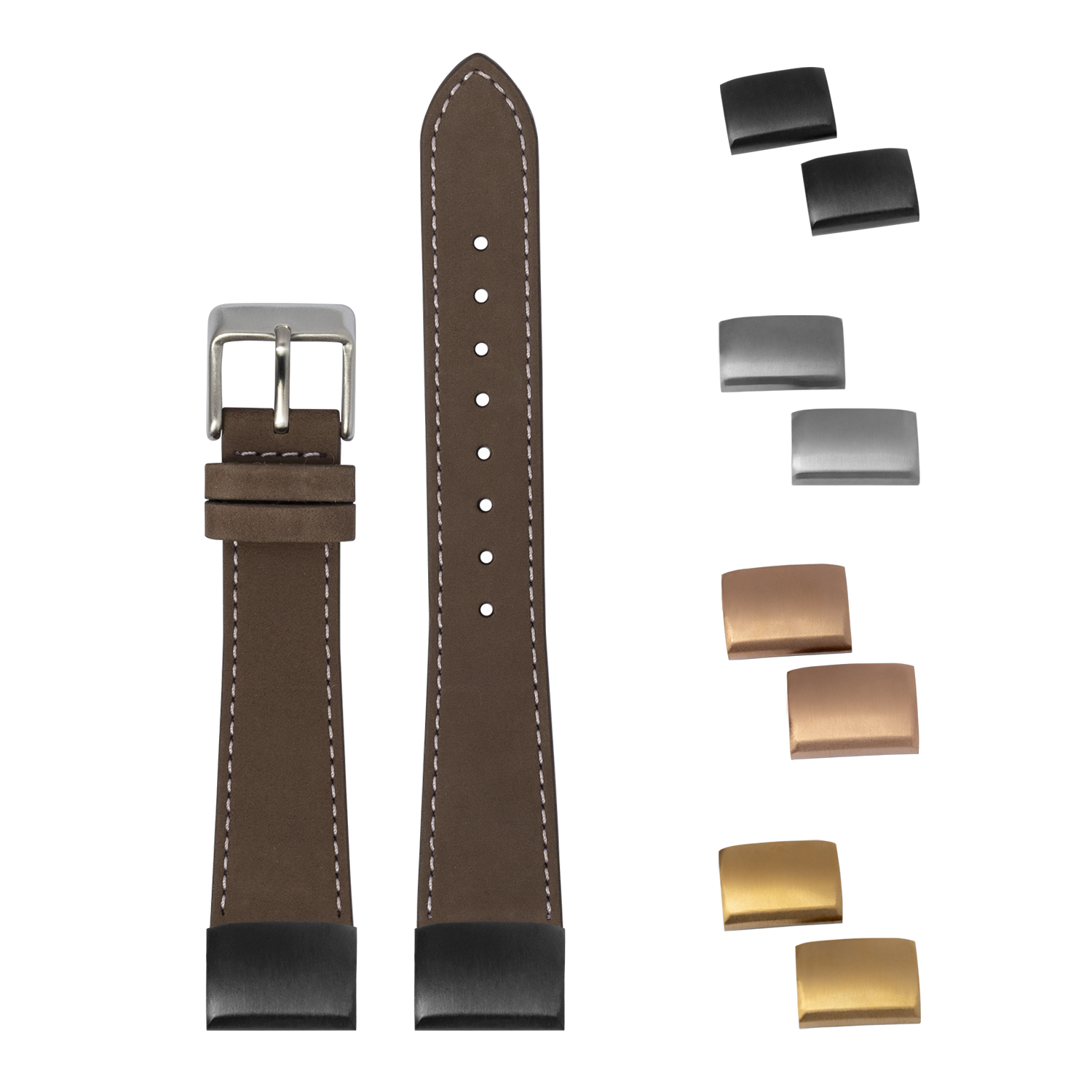 Brown nubuck leather watch strap 20mm with white stitching, interchangeable buckles and keepers in silver, rose gold and gold finishes