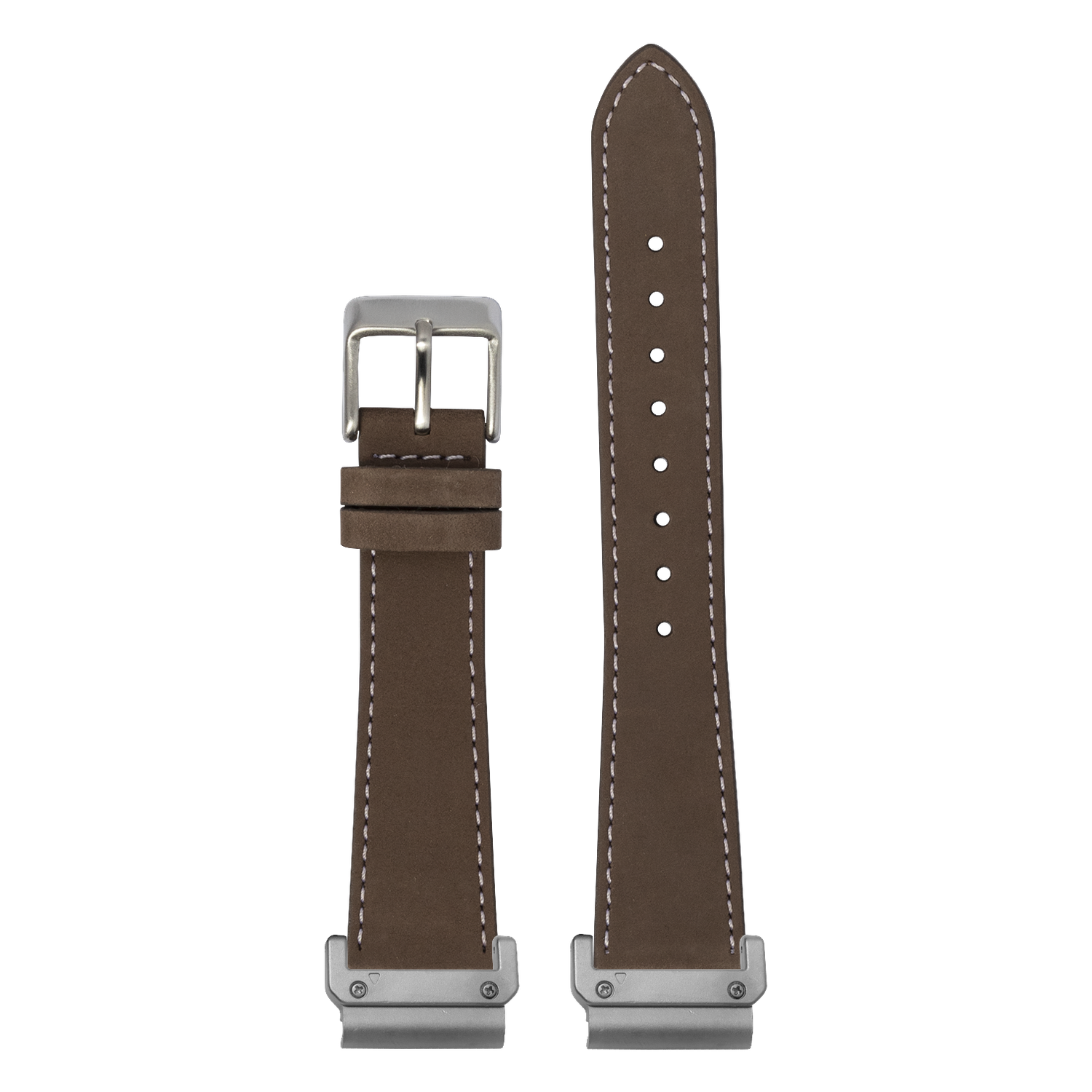 Nubuck Leather Coffee Brown White Stitching strap with QuickFit adapters attached to both ends