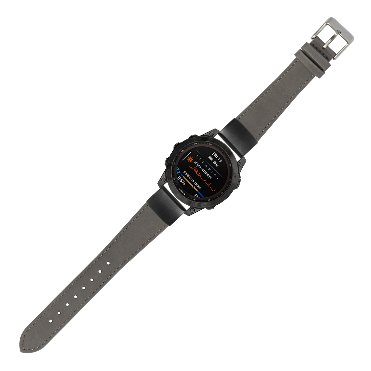 Black digital smartwatch with grey nubuck leather strap and metal buckle, fitness tracking display