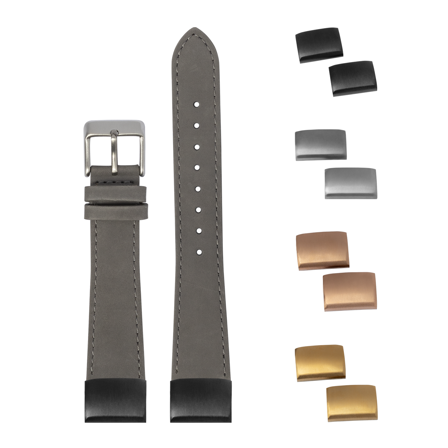 Grey nubuck leather QuickFit watch band 20mm with interchangeable metal buckles in silver, rose gold, and gold finishes