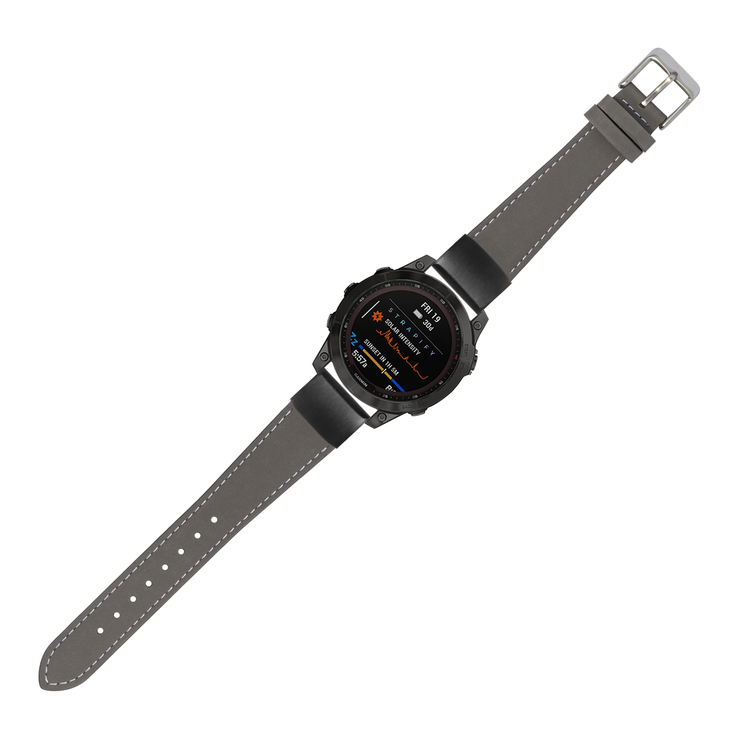 Tactical smartwatch with black digital display and grey nubuck leather strap with white stitching and QuickFit 20mm band