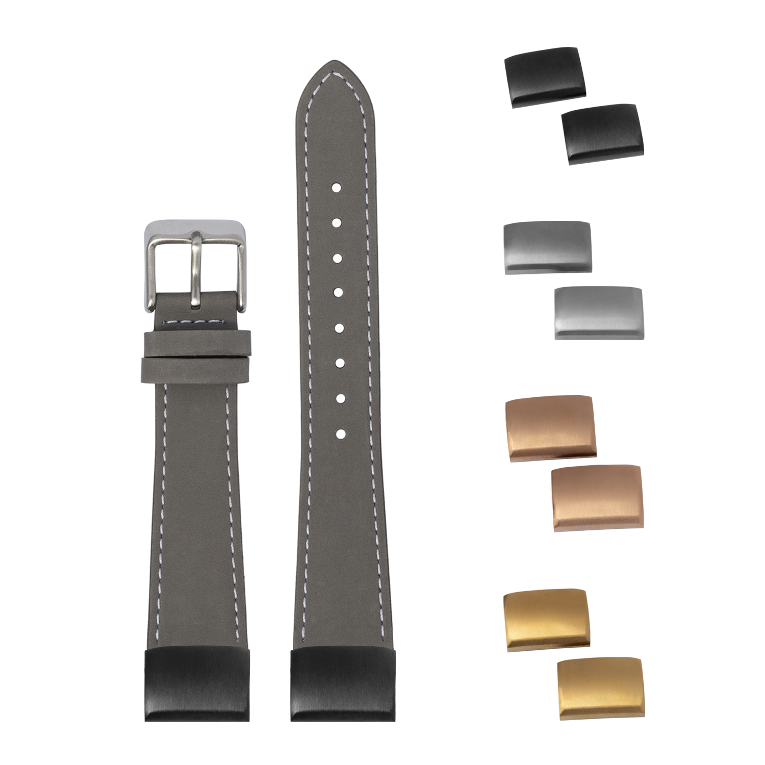 Grey nubuck leather QuickFit watch band 20mm with white stitching, interchangeable metal buckles and keepers
