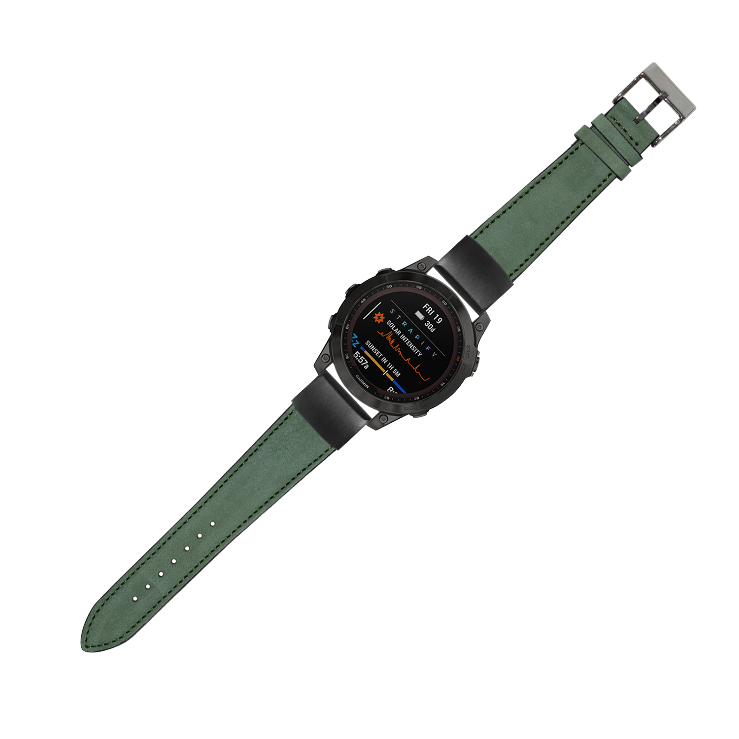 Black digital smartwatch with mint green nubuck leather strap and stainless steel buckle on white background