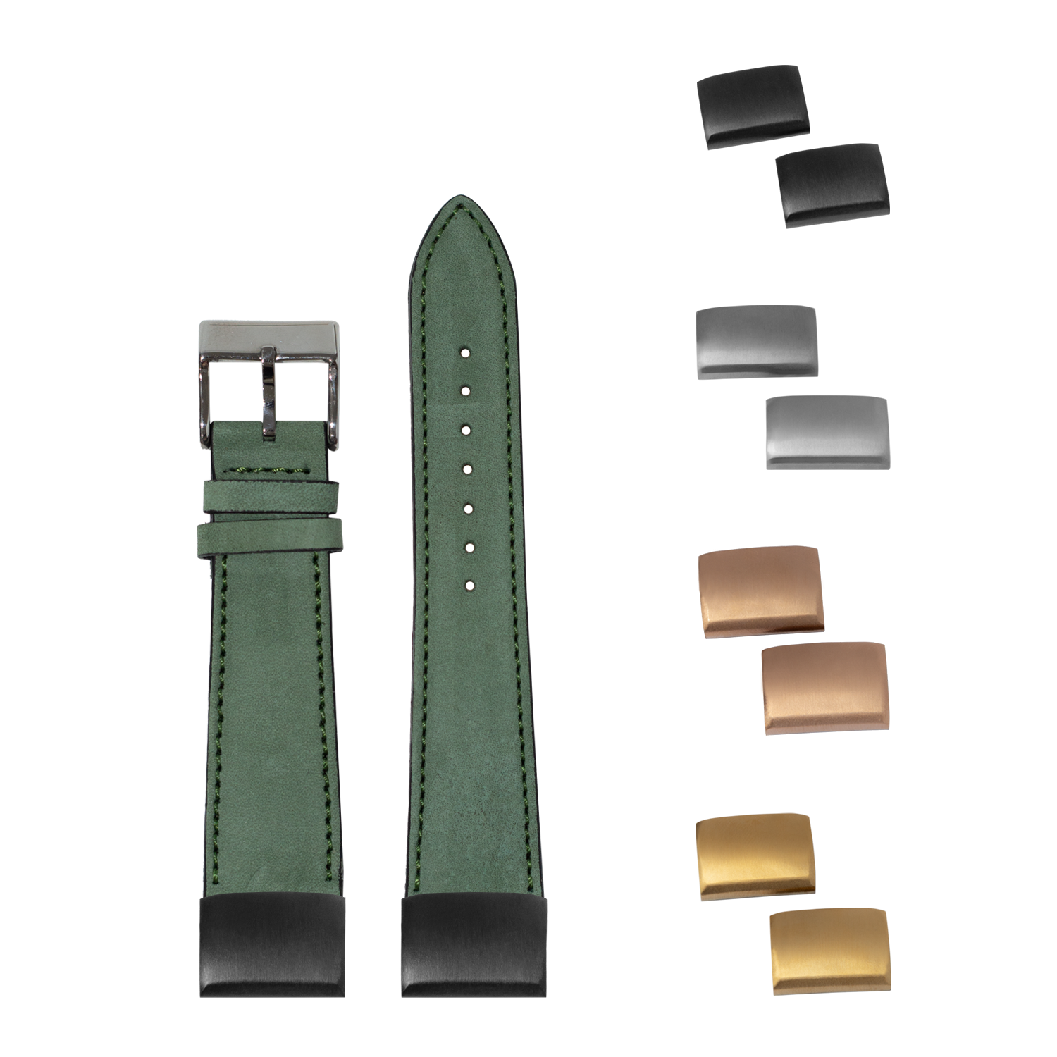 QuickFit mint green nubuck leather watch strap 20mm with interchangeable metal buckles in black, silver, and gold finishes