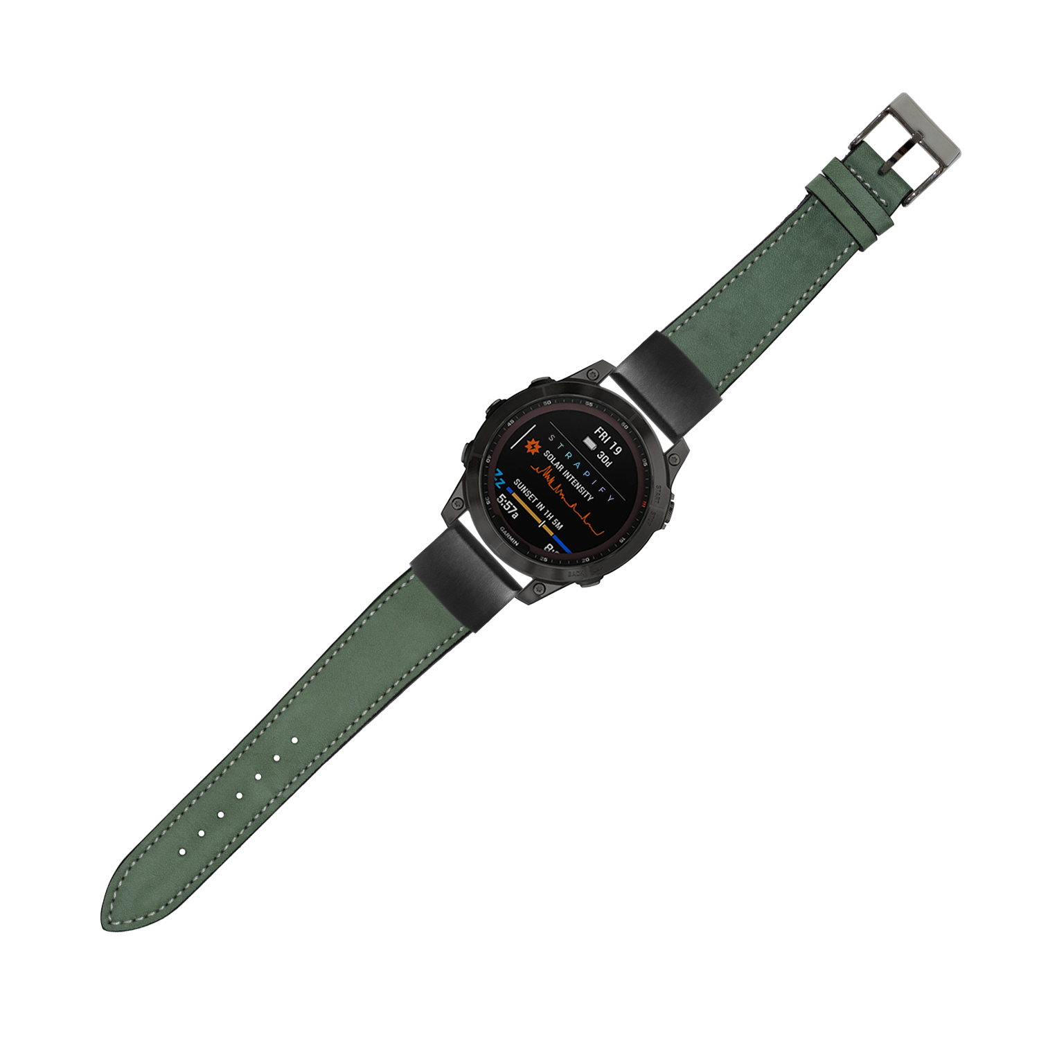 Tactical smartwatch with black digital display and mint green nubuck leather strap with white stitching, 20mm QuickFit band