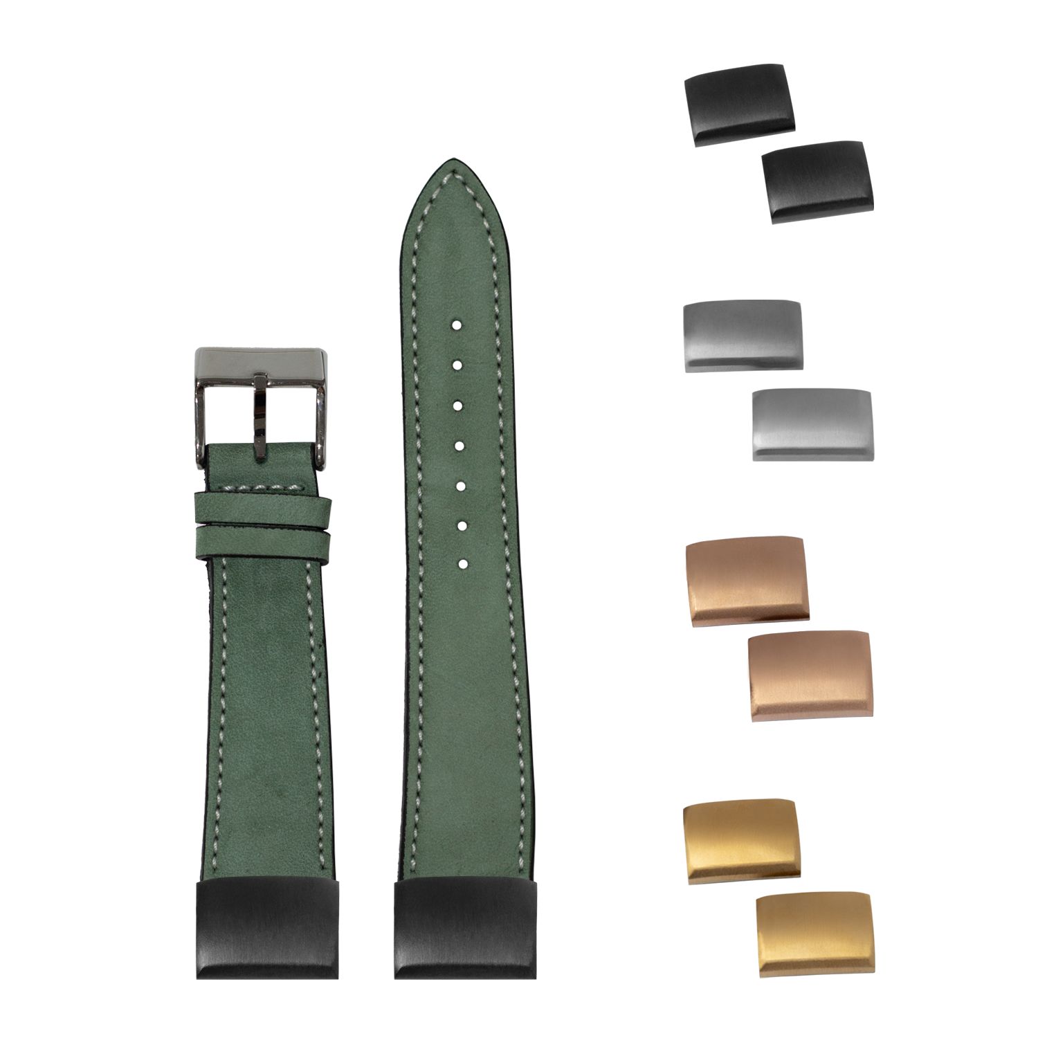 QuickFit green nubuck leather watch strap with white stitching, interchangeable buckles and hardware included