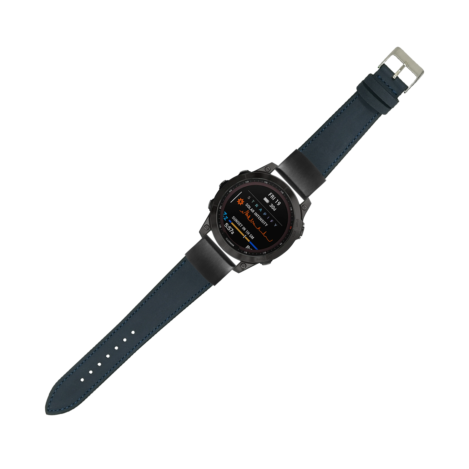Navy blue nubuck leather smartwatch strap with QuickFit 20mm connector and stainless steel buckle