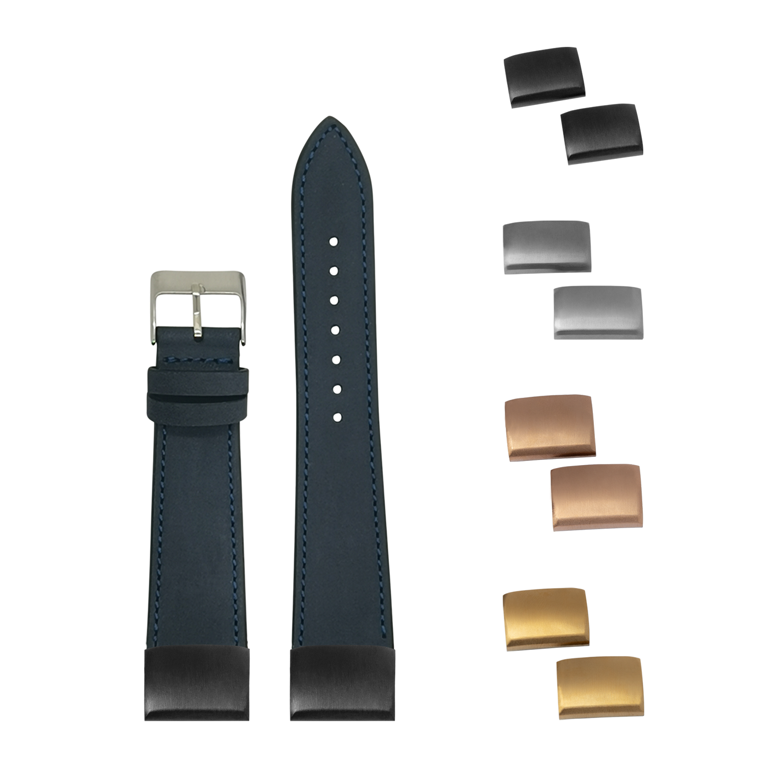 Navy blue nubuck leather QuickFit watch band 20mm with interchangeable metal buckles in silver, gunmetal, rose gold and gold finishes