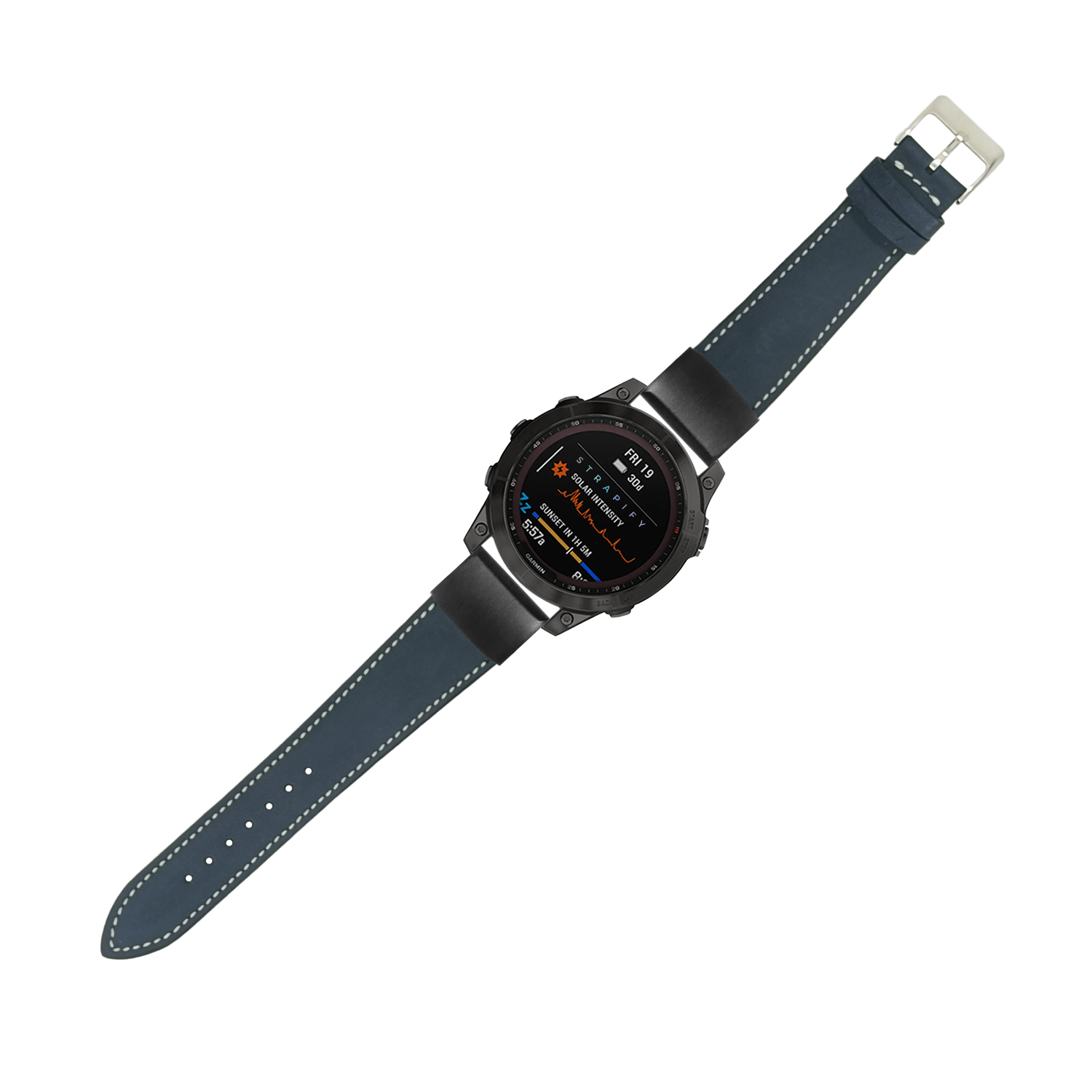 Navy blue nubuck leather smartwatch band with white stitching and quick-release pins for 20mm watches