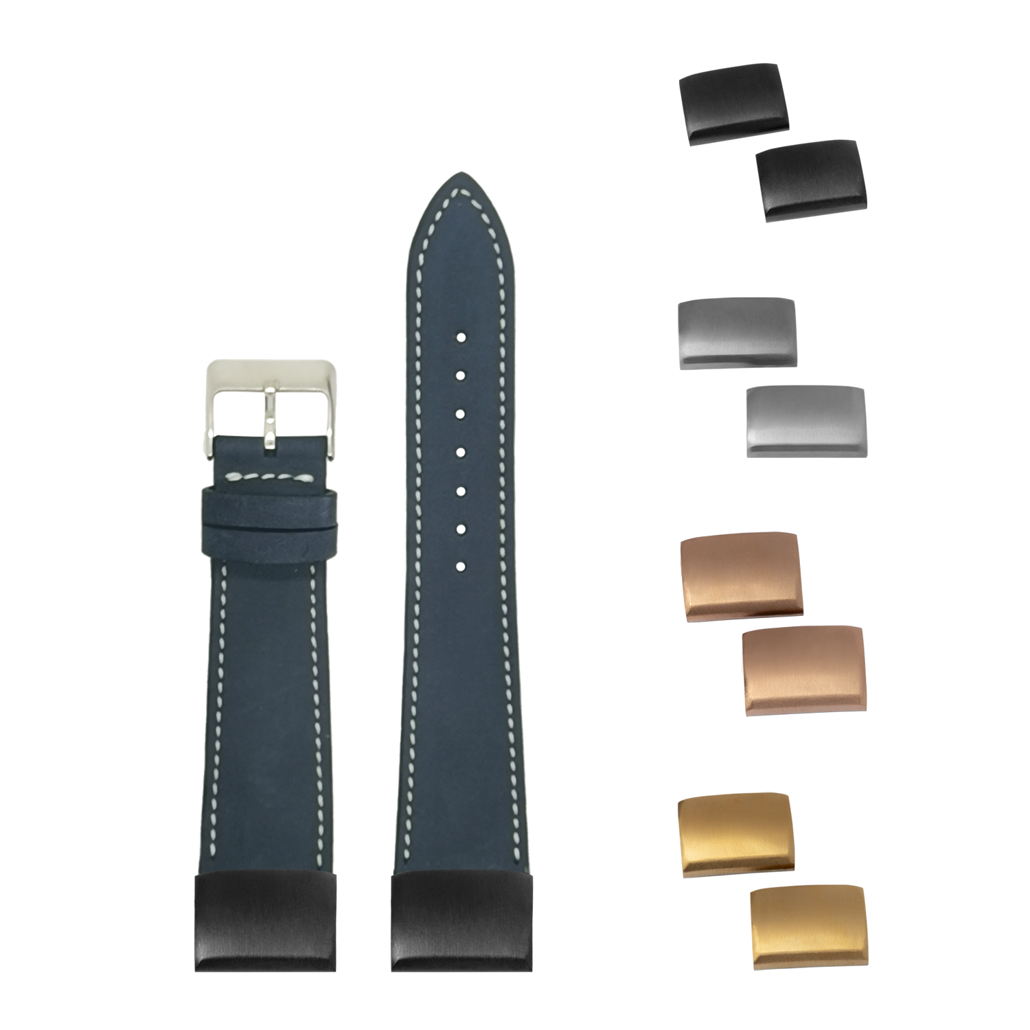 Navy blue nubuck leather watch strap with white stitching, quick-fit buckle, and interchangeable metal clasps in gold and silver