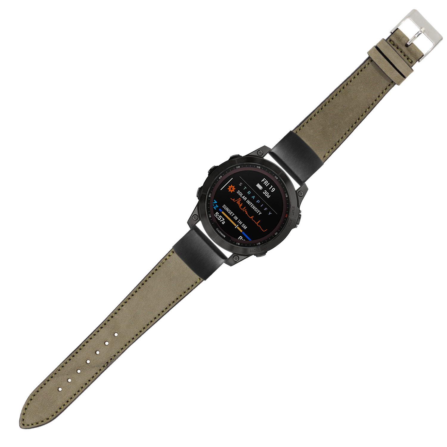 Military smartwatch with black case and olive green nubuck leather QuickFit band, AMOLED display showing fitness metrics