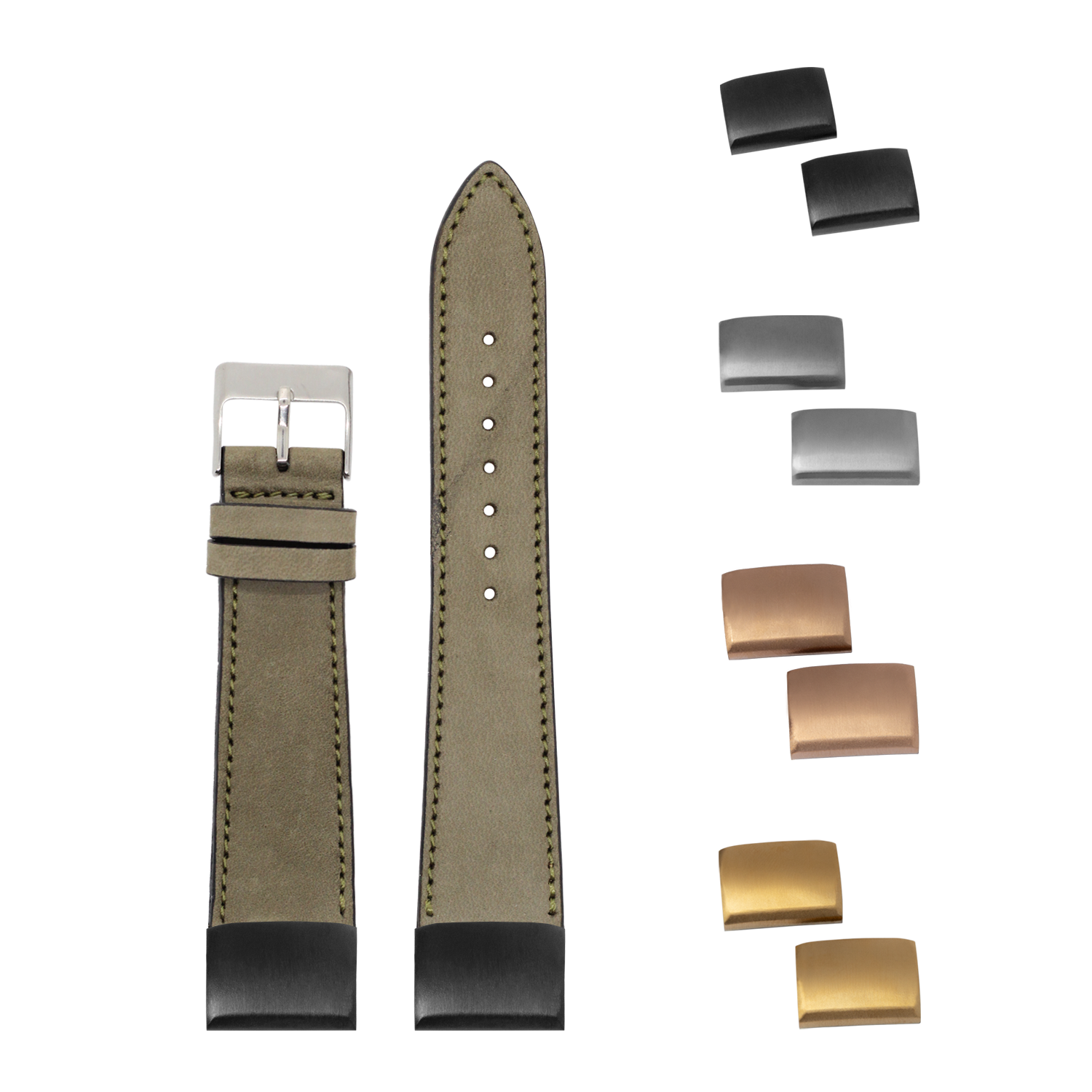QuickFit olive green nubuck leather watch strap 20mm with interchangeable metal buckles in silver, rose gold and gold finishes