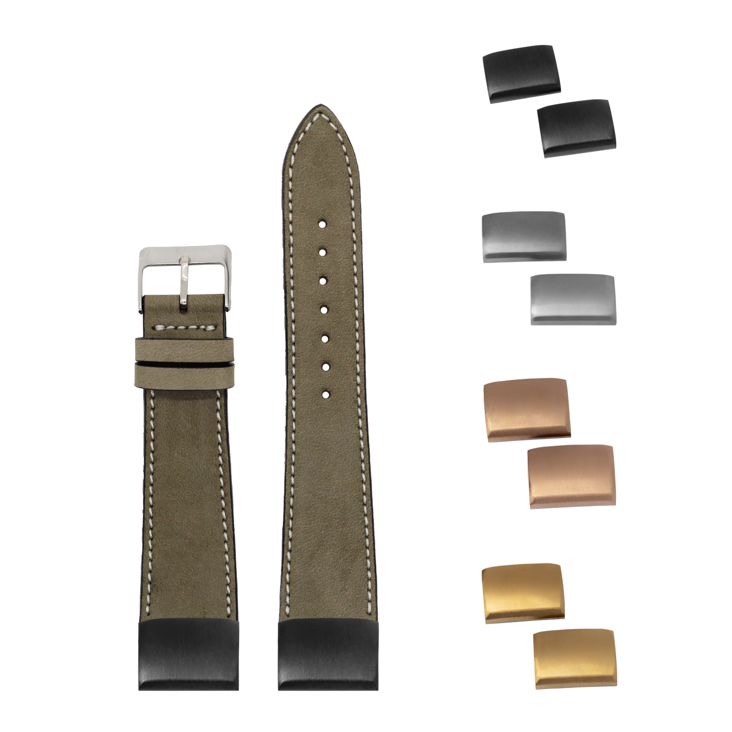 QuickFit olive green nubuck leather watch strap 20mm with white stitching, buckle and metal keepers