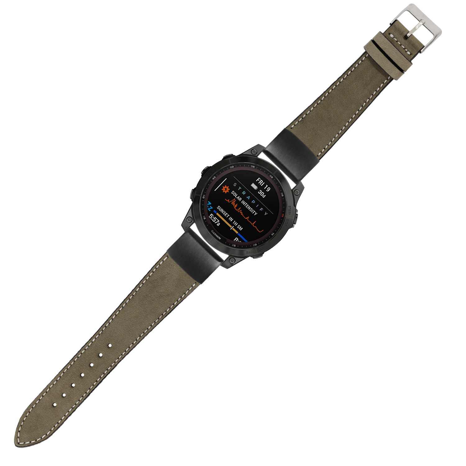 Tactical smartwatch with black case and olive green nubuck leather strap featuring white stitching and digital display