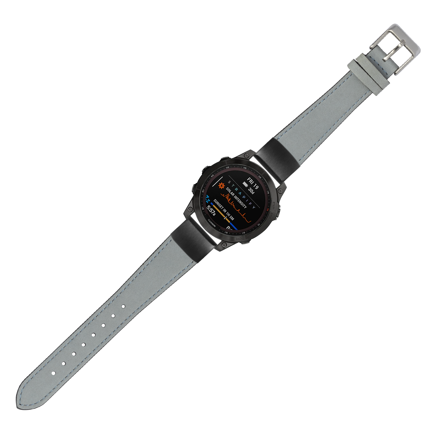 QuickFit nubuck leather sky blue 20mm watch strap with stainless steel buckle on digital smartwatch
