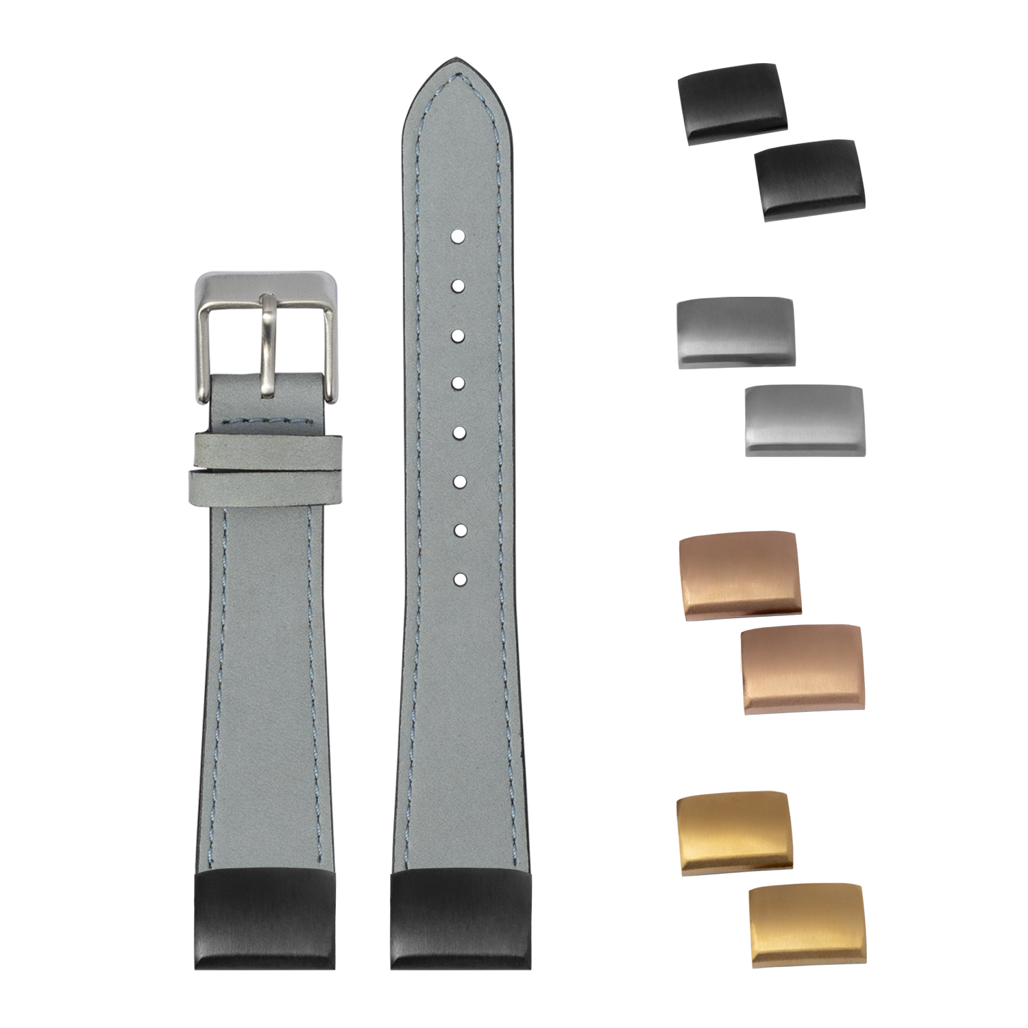 Gray nubuck leather watch strap with quick release bars and interchangeable metal buckles in silver, gold, and rose gold finishes