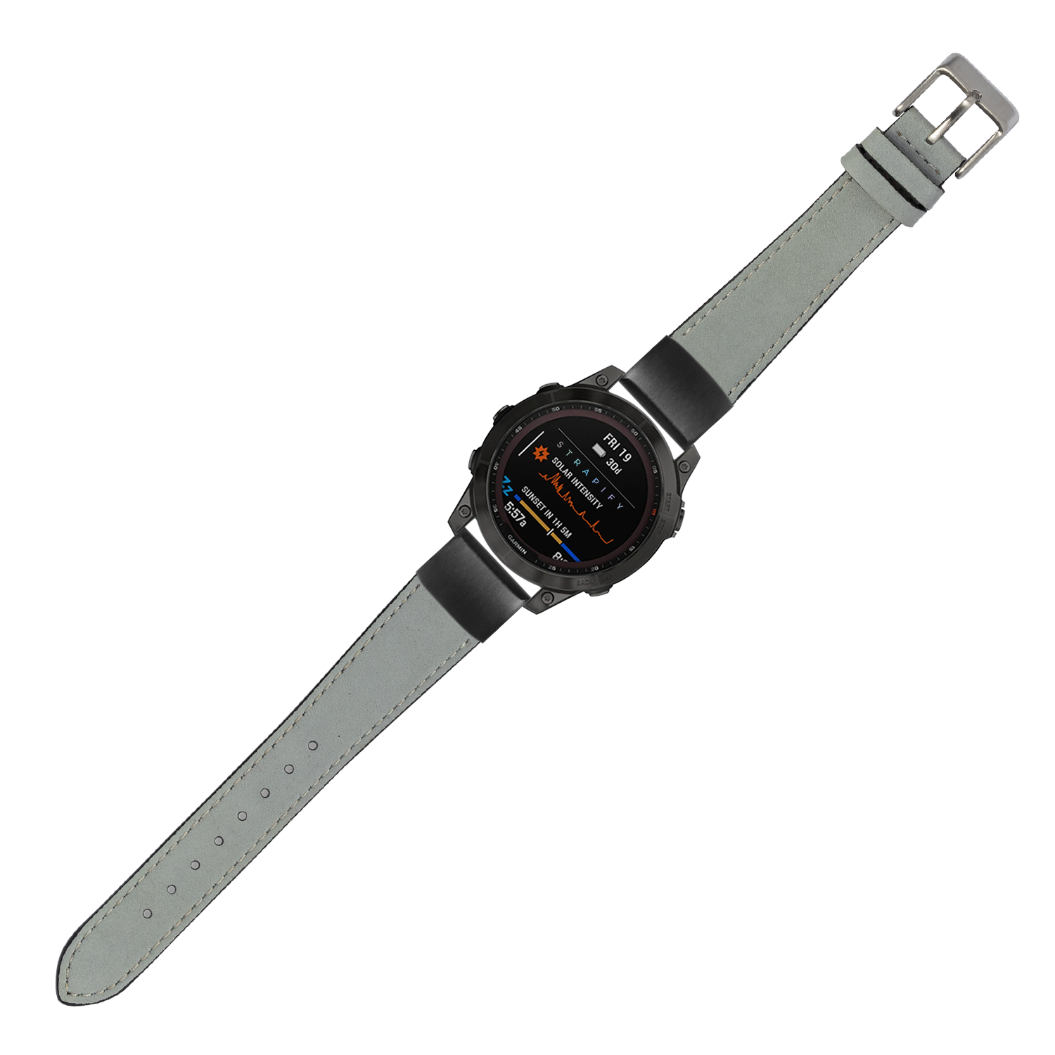 Gray nubuck leather smartwatch band with white stitching, quick-release 20mm connector, adjustable metal buckle, paired with black digital sports watch