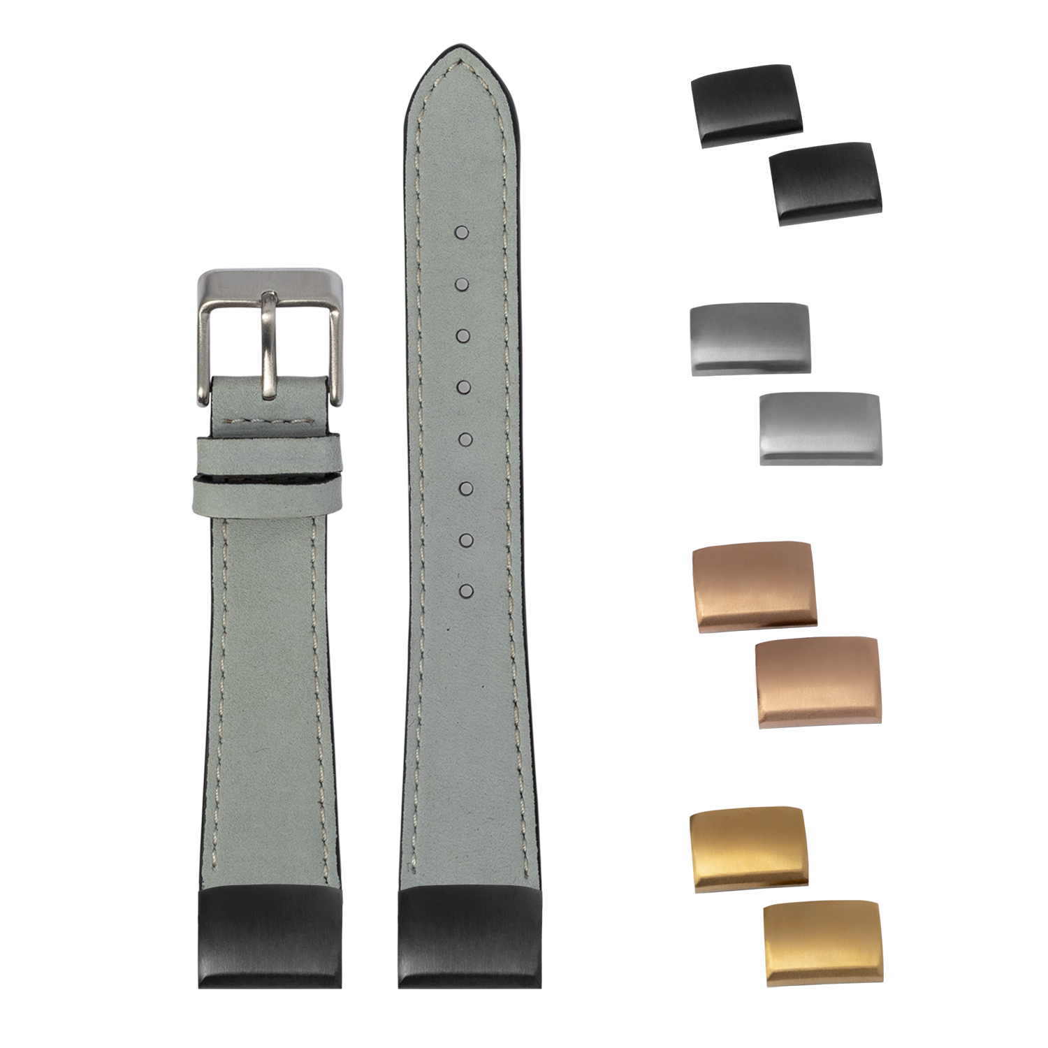 Gray nubuck leather watch strap with white stitching, interchangeable buckles and keepers in silver, gunmetal, rose gold, and gold finishes