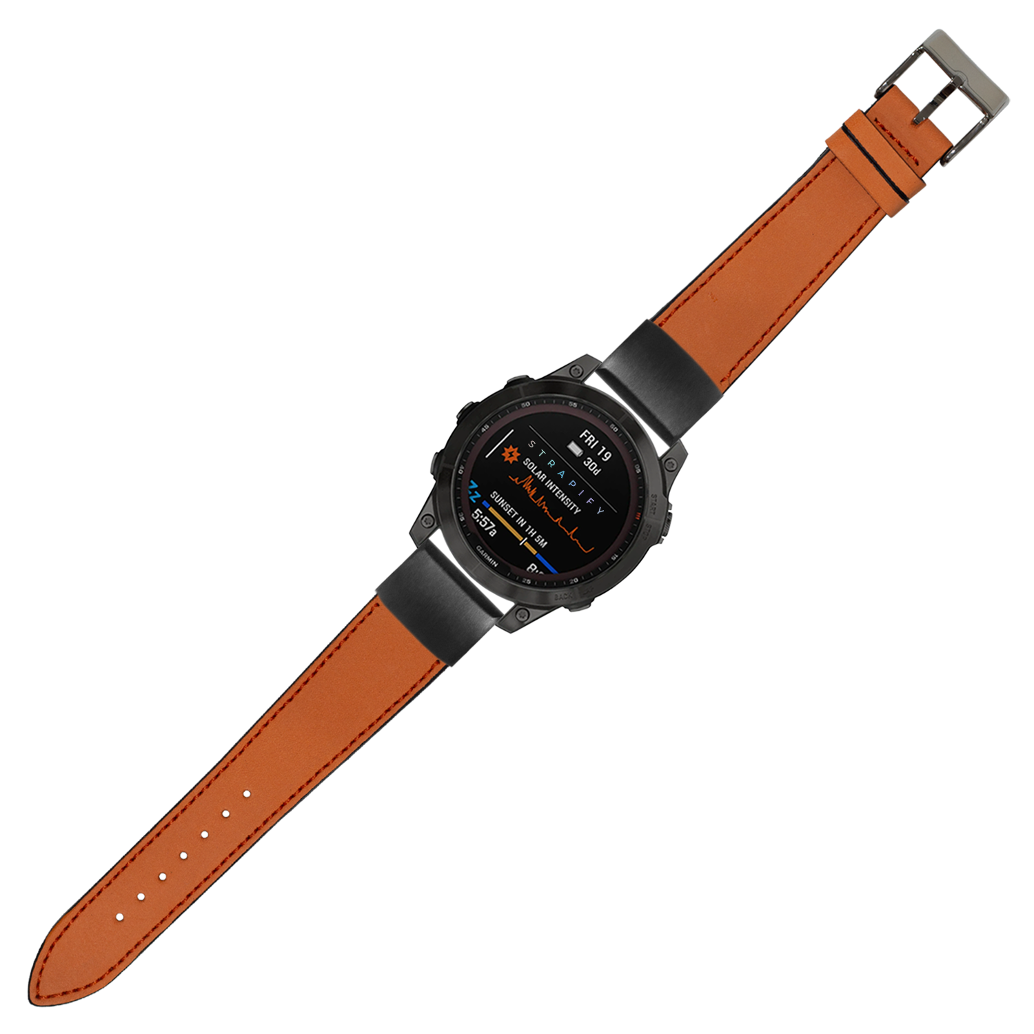 Smartwatch with black case and orange nubuck leather QuickFit band displaying digital fitness metrics on screen