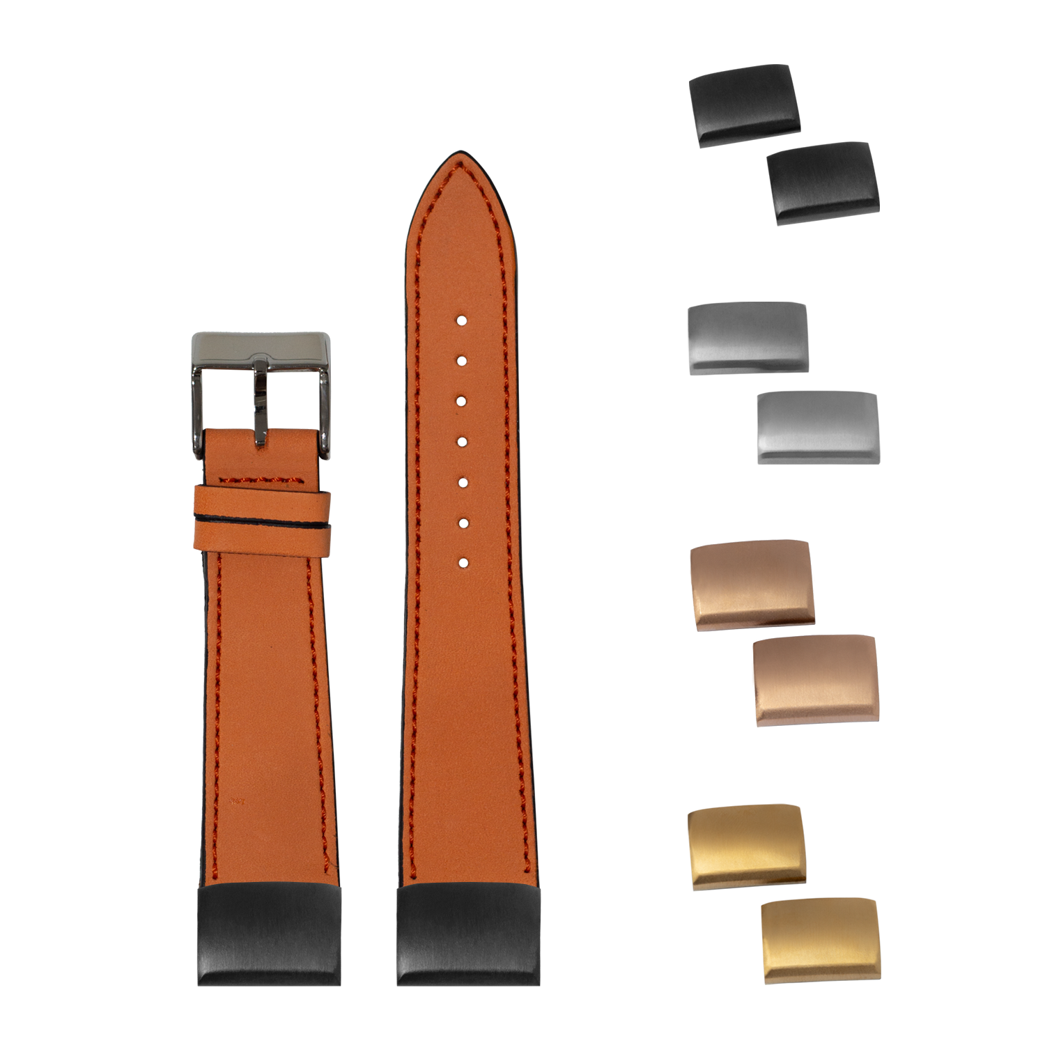 QuickFit nubuck leather watch strap sunburst orange 20mm with interchangeable buckles in silver, gold and black finishes