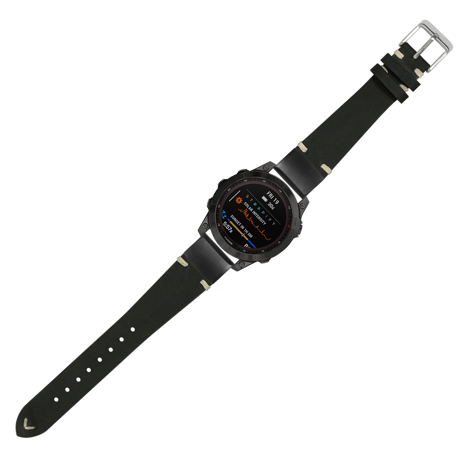 Black nubuck leather smartwatch band with vintage knotted design, 20mm QuickFit compatible strap with silver buckle