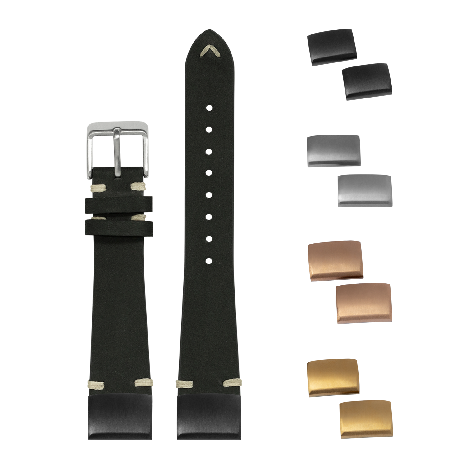 Black nubuck leather quick-fit watch strap 20mm with vintage knotted design, interchangeable metal buckles in silver and gold