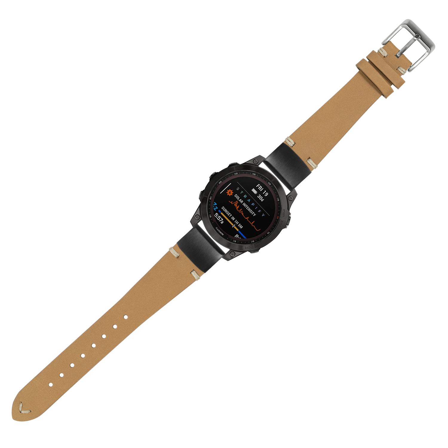 Black digital smartwatch with tan nubuck leather strap and silver buckle, featuring colorful display screen