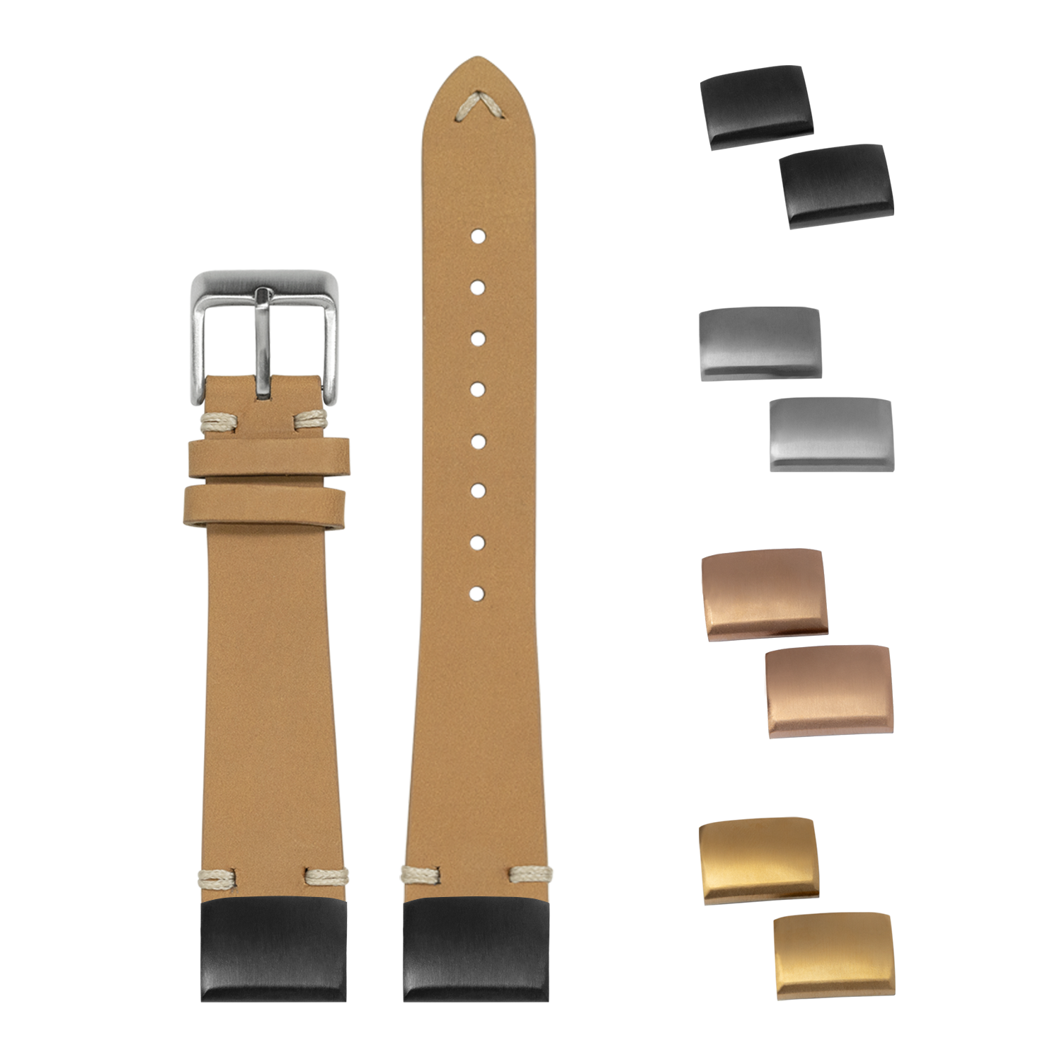 Tan nubuck leather watch band with quick-release bars, interchangeable buckles in multiple finishes, and black rubber end links