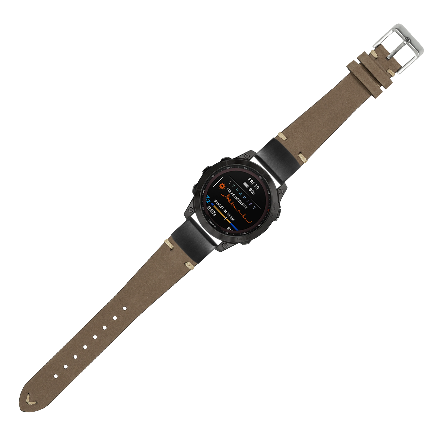 Tactical smartwatch with round black digital display and dark brown nubuck leather QuickFit strap with silver buckle