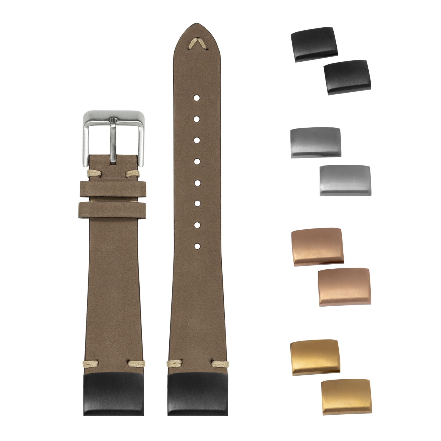 Brown nubuck leather 20mm watch strap with interchangeable metal buckles and end links in silver, gunmetal, rose gold and gold finishes