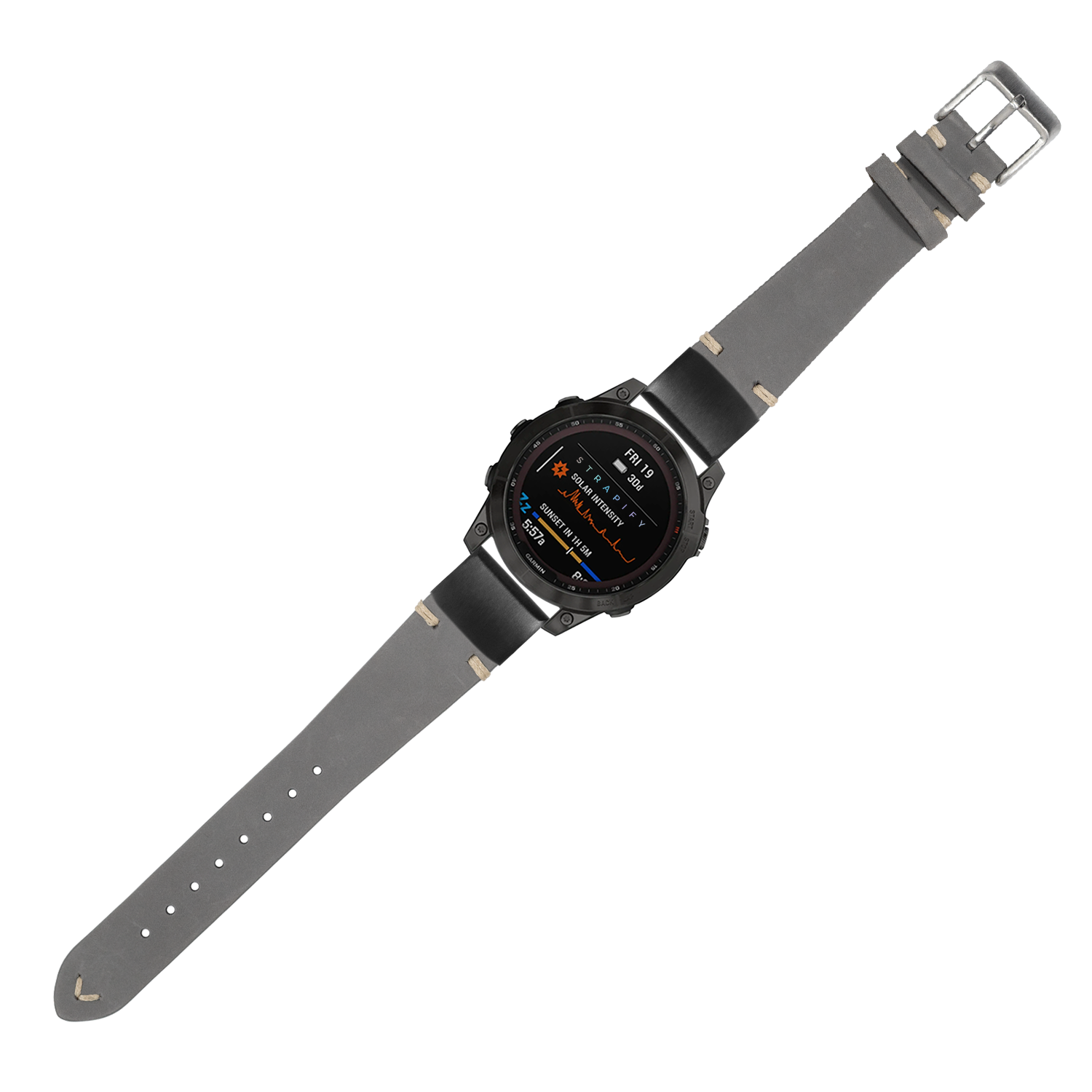 Vintage grey nubuck leather smartwatch band with knotted design and quick-fit 20mm connector system