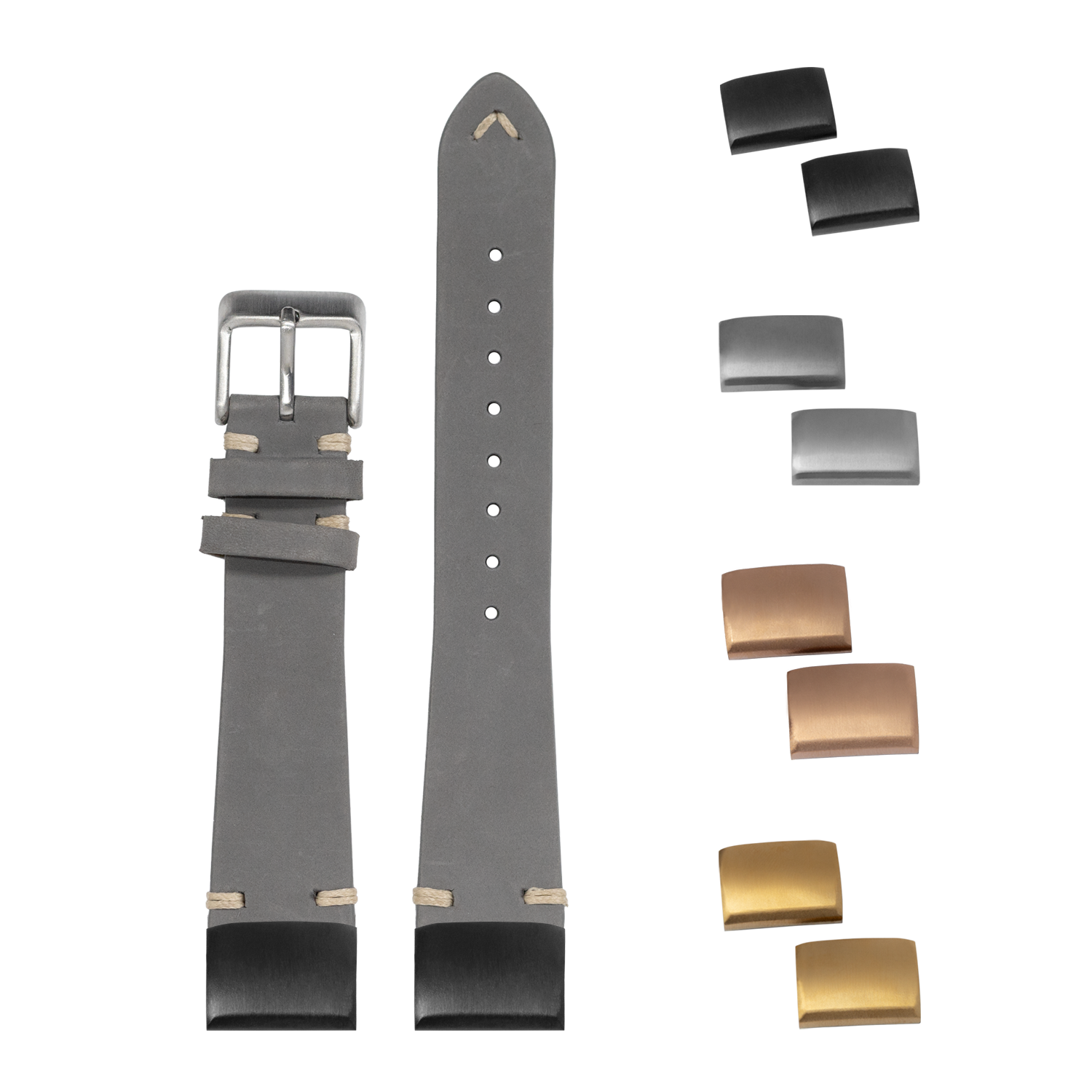 Grey nubuck leather 20mm quick fit watch band with interchangeable metal hardware in gold and silver finishes