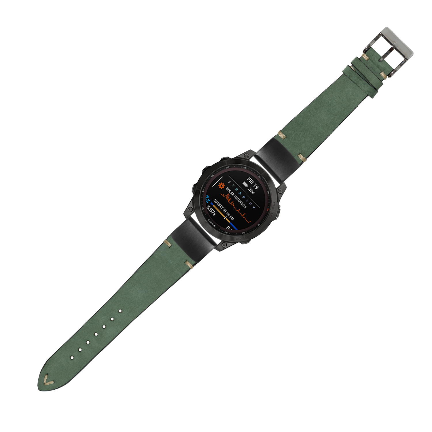 Military smartwatch with black digital display and mint green nubuck leather QuickFit strap with metal buckle