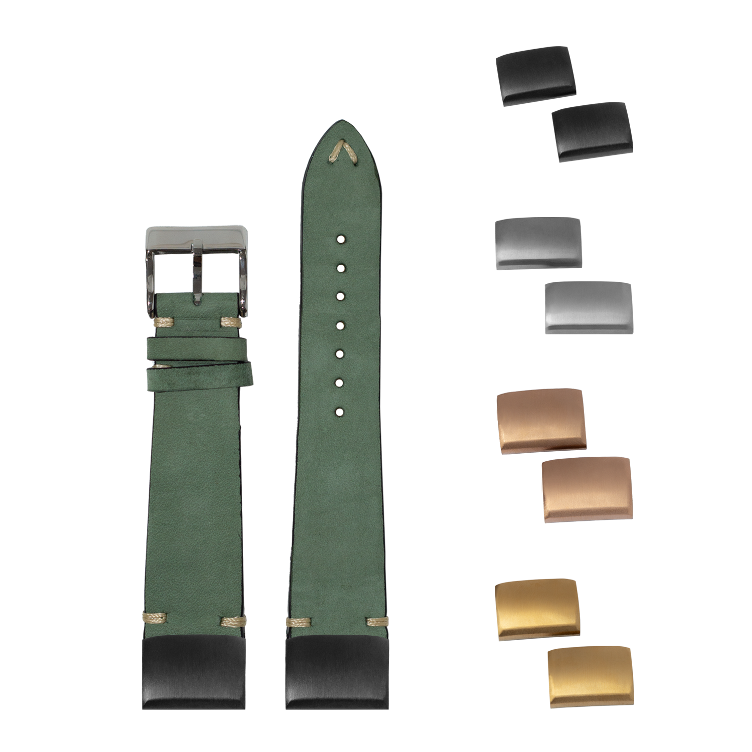 Green nubuck leather watch strap with interchangeable buckles and keepers in black, silver, and gold finishes