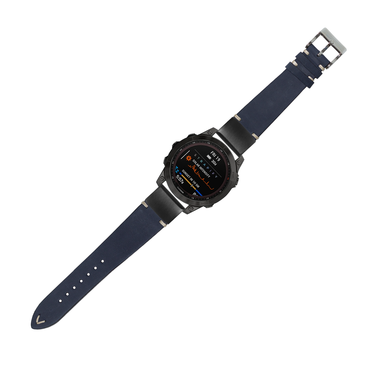 Black digital smartwatch with navy blue nubuck leather strap and QuickFit 20mm band, displaying fitness metrics on AMOLED screen
