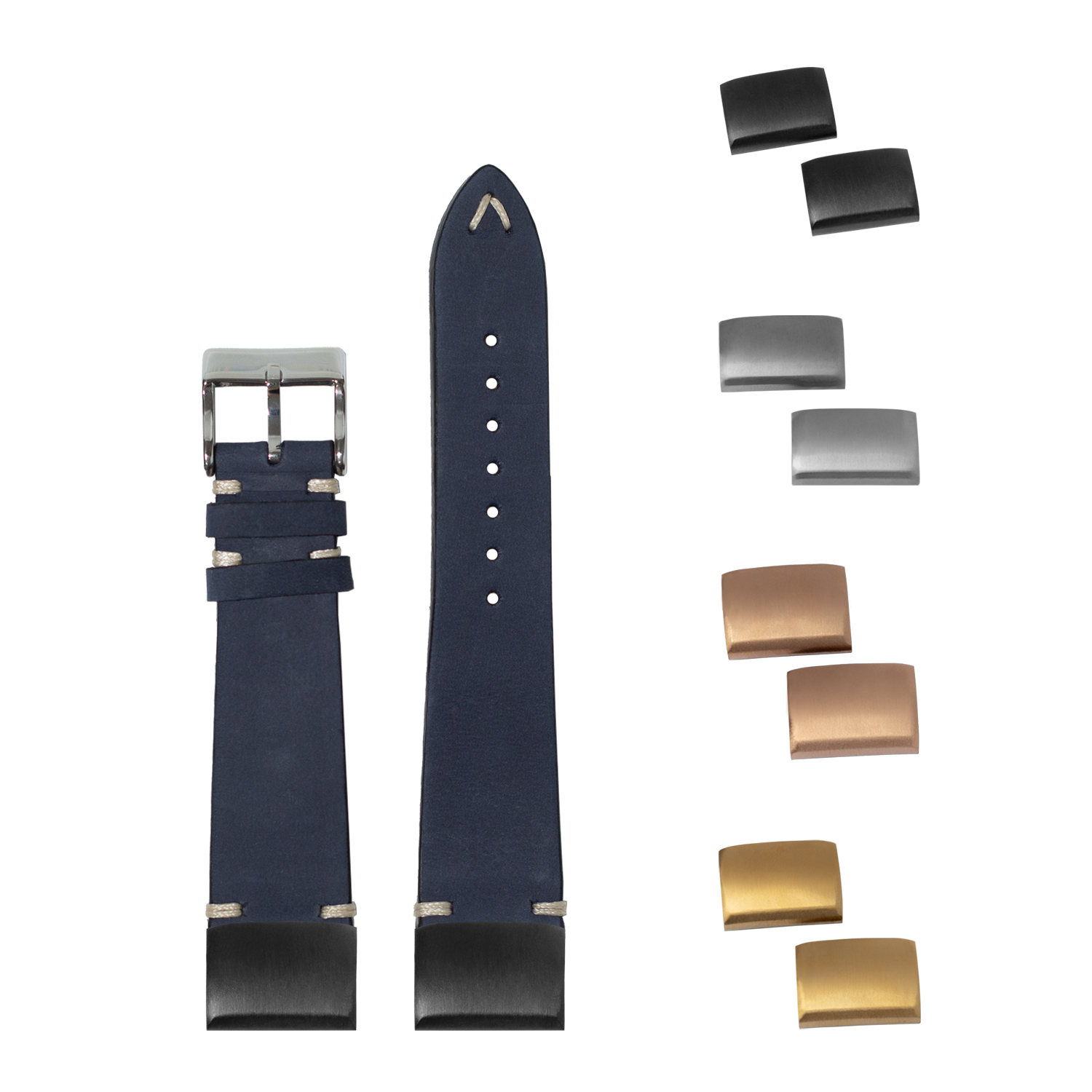 QuickFit vintage knotted nubuck leather navy blue watch strap 20mm with interchangeable buckles in silver, gold, and bronze finishes
