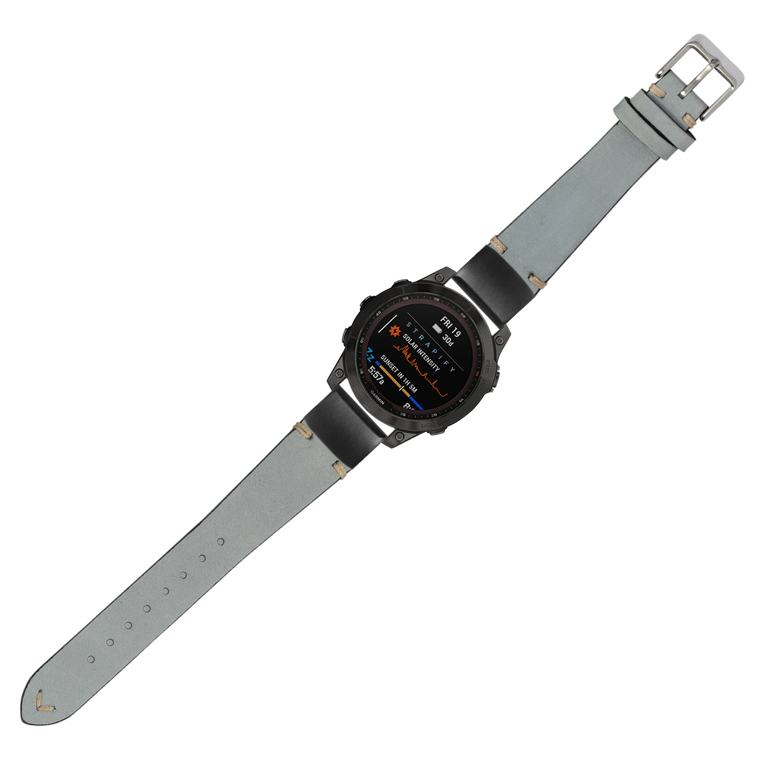 Smartwatch with black digital display and sky blue nubuck leather QuickFit band featuring metal buckle and adjustment holes