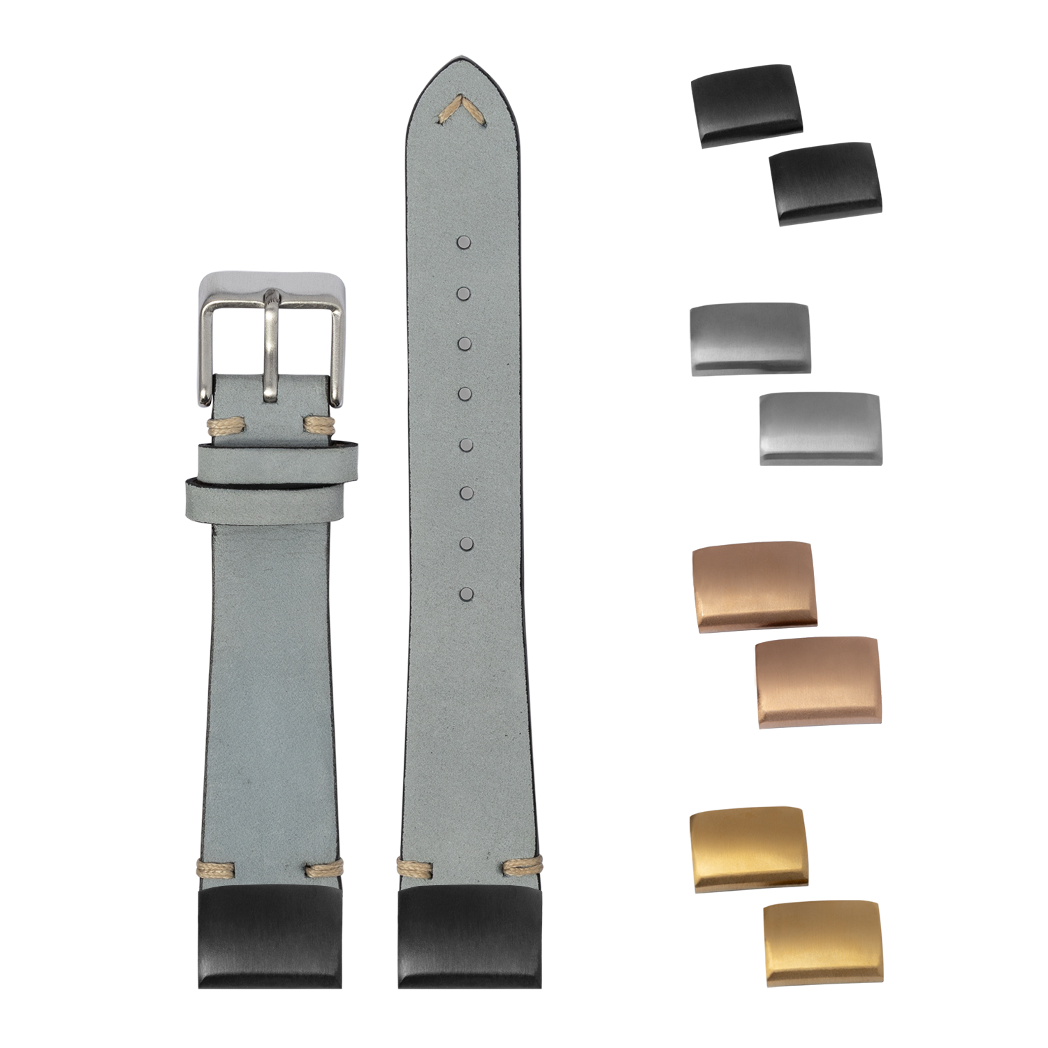 QuickFit vintage knotted nubuck leather sky blue 20mm watch strap with interchangeable buckles and hardware in silver and gold finishes