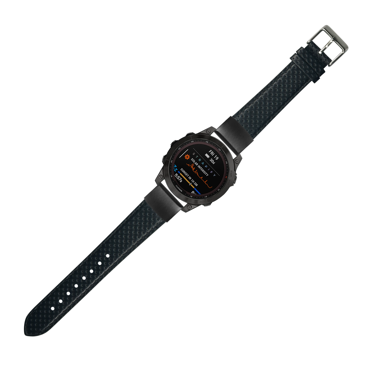 Black perforated racing leather watch strap 20mm with quick-fit connector and stainless steel buckle