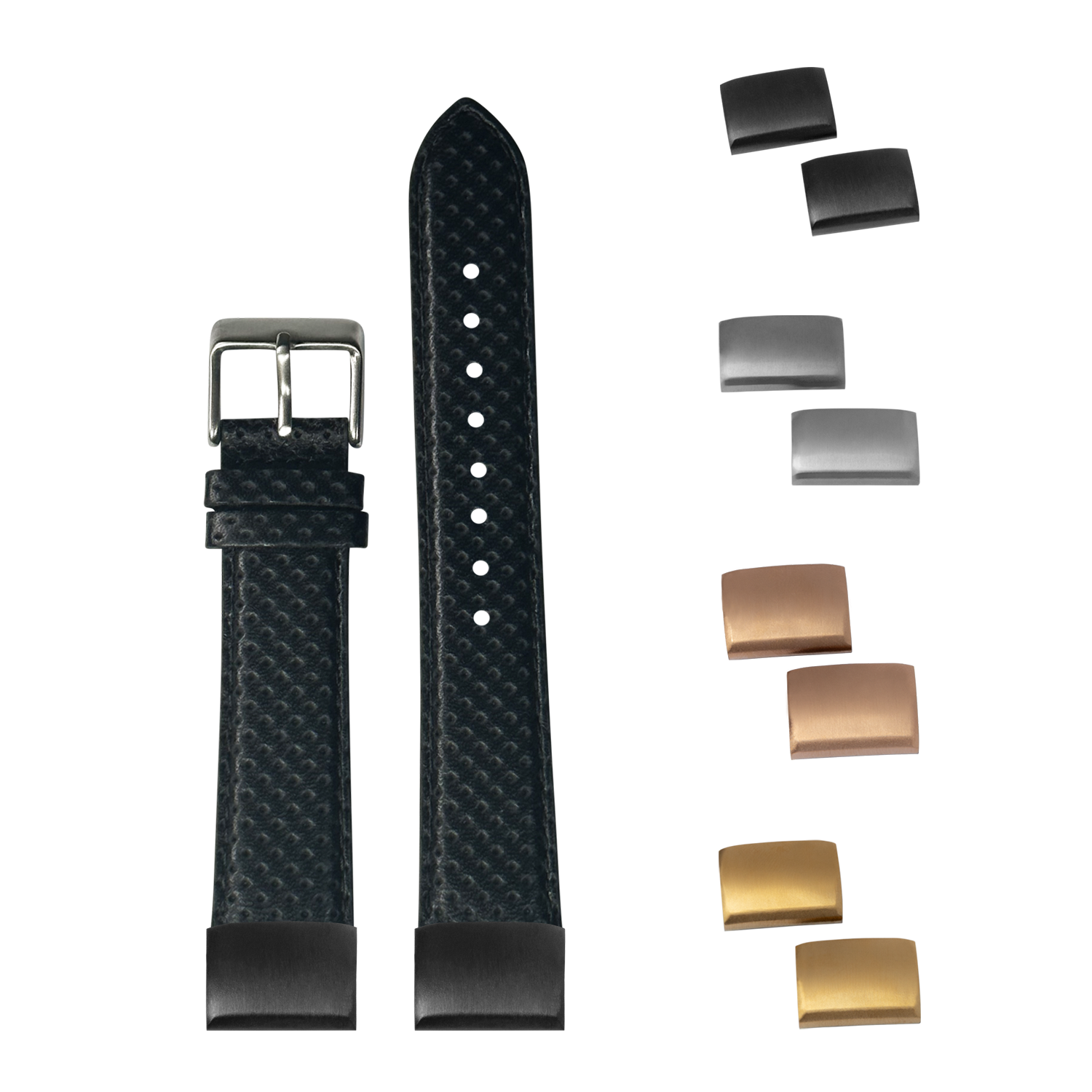 QuickFit perforated black leather racing watch strap 20mm with interchangeable metal buckles and clasps