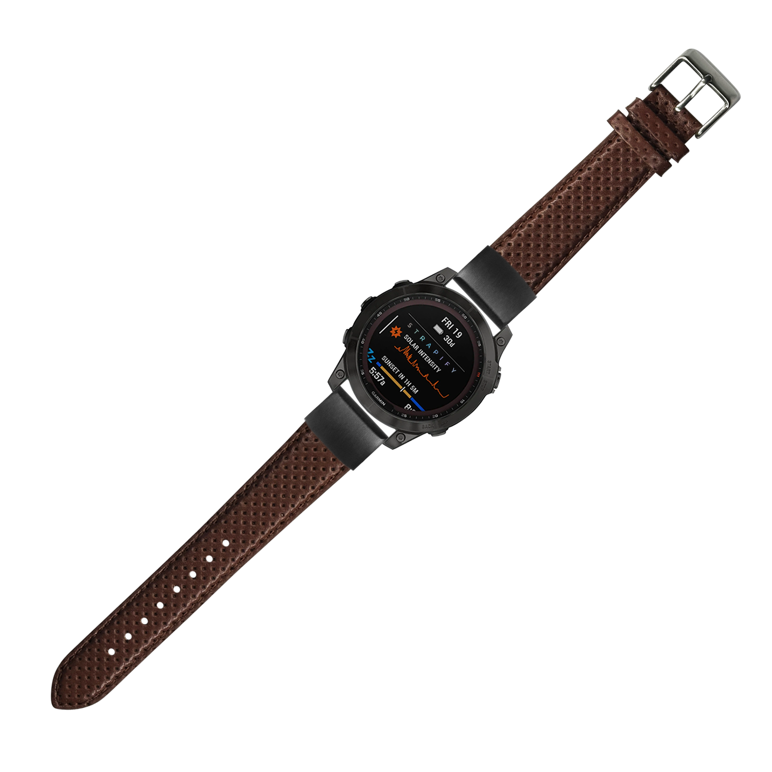 Perforated brown leather smartwatch band 20mm with quick-fit connector and stainless steel buckle on black digital watch
