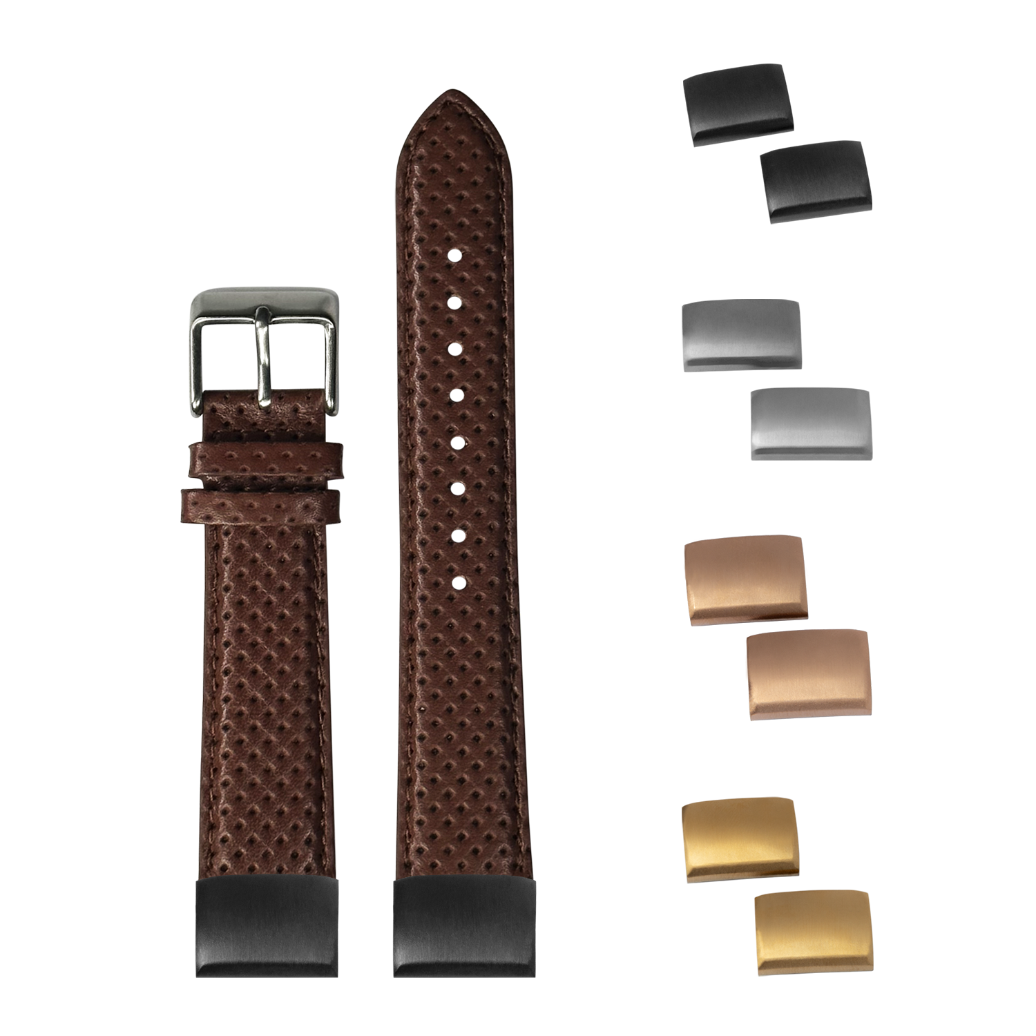 Brown perforated leather watch strap with interchangeable buckles and metal clasps included