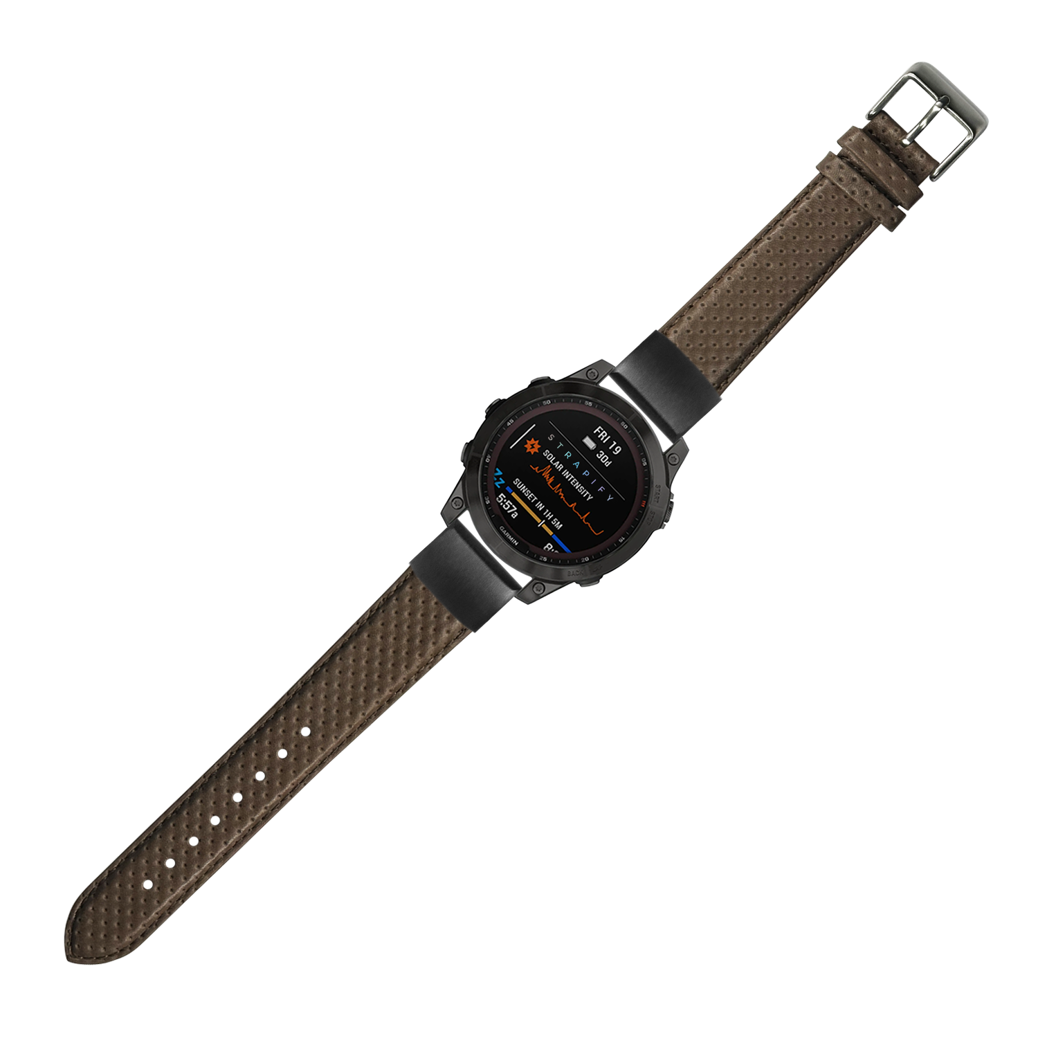 Black sports smartwatch with AMOLED display and perforated brown leather racing strap with quick-fit buckle