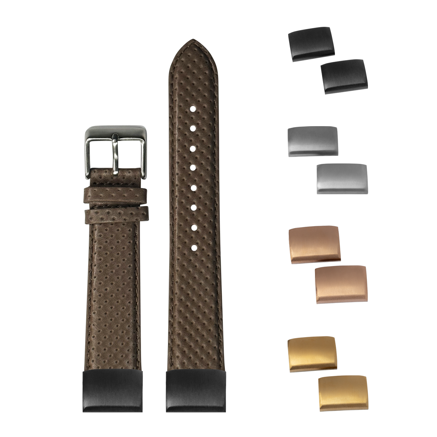 Perforated brown leather watch strap 20mm with interchangeable metal buckles in silver, rose gold, and gold finishes