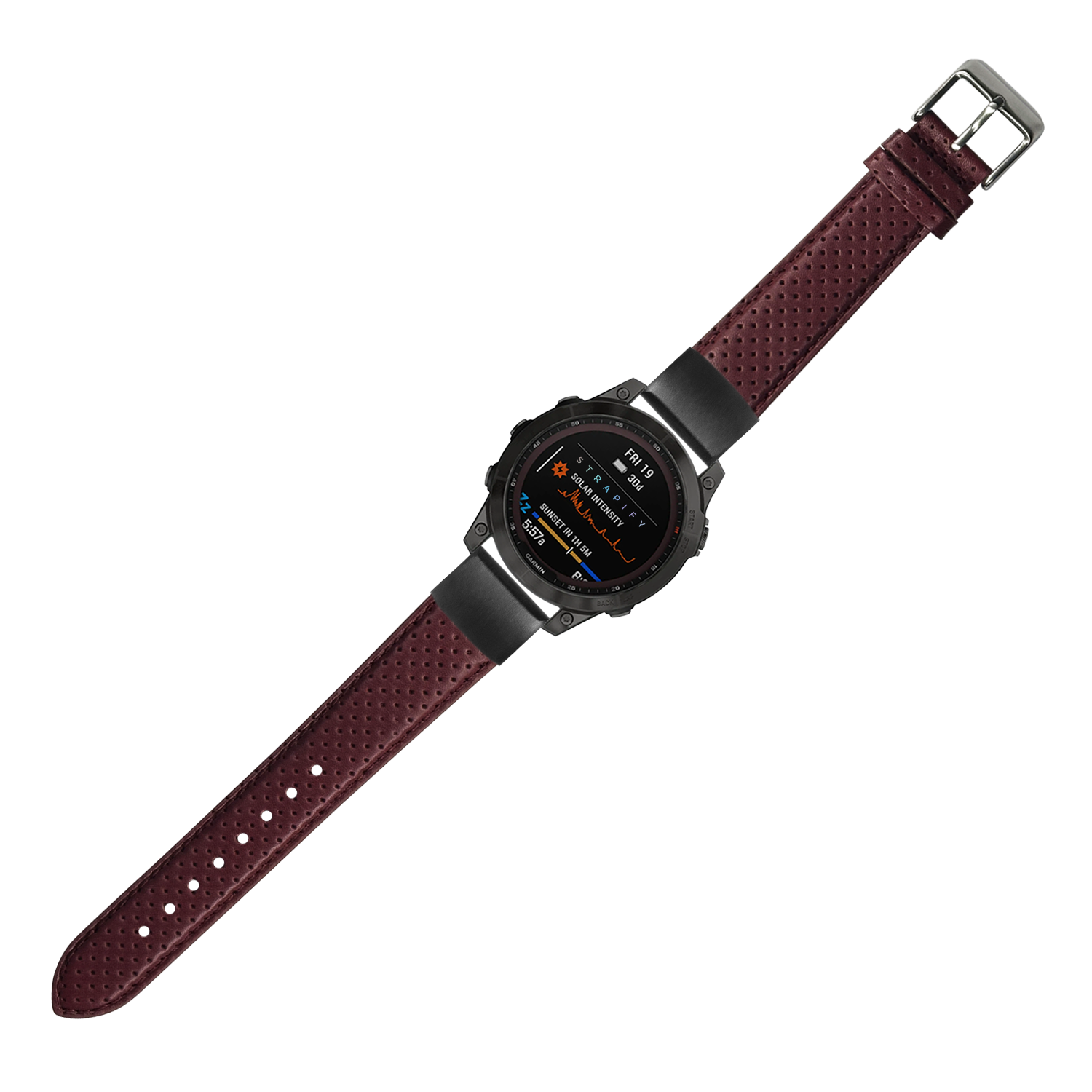 QuickFit perforated racing leather strap in maroon with 20mm width, featuring metal buckle and perforated design for breathability