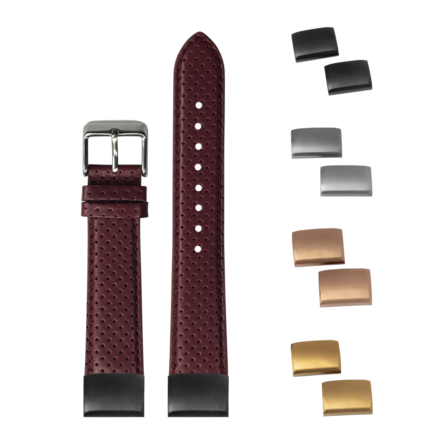 Maroon perforated leather watch strap with quick-fit system, interchangeable buckles in black, silver and gold finishes