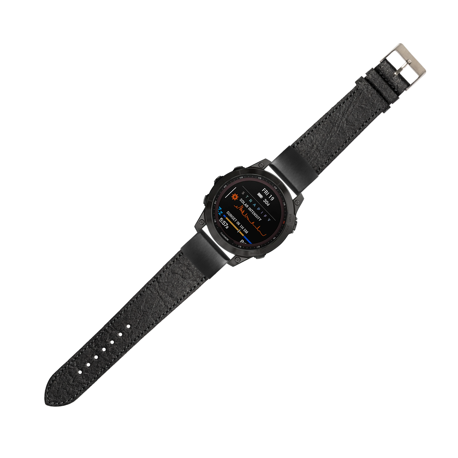 Black vegan leather smartwatch band 20mm with digital display showing fitness metrics and metallic buckle